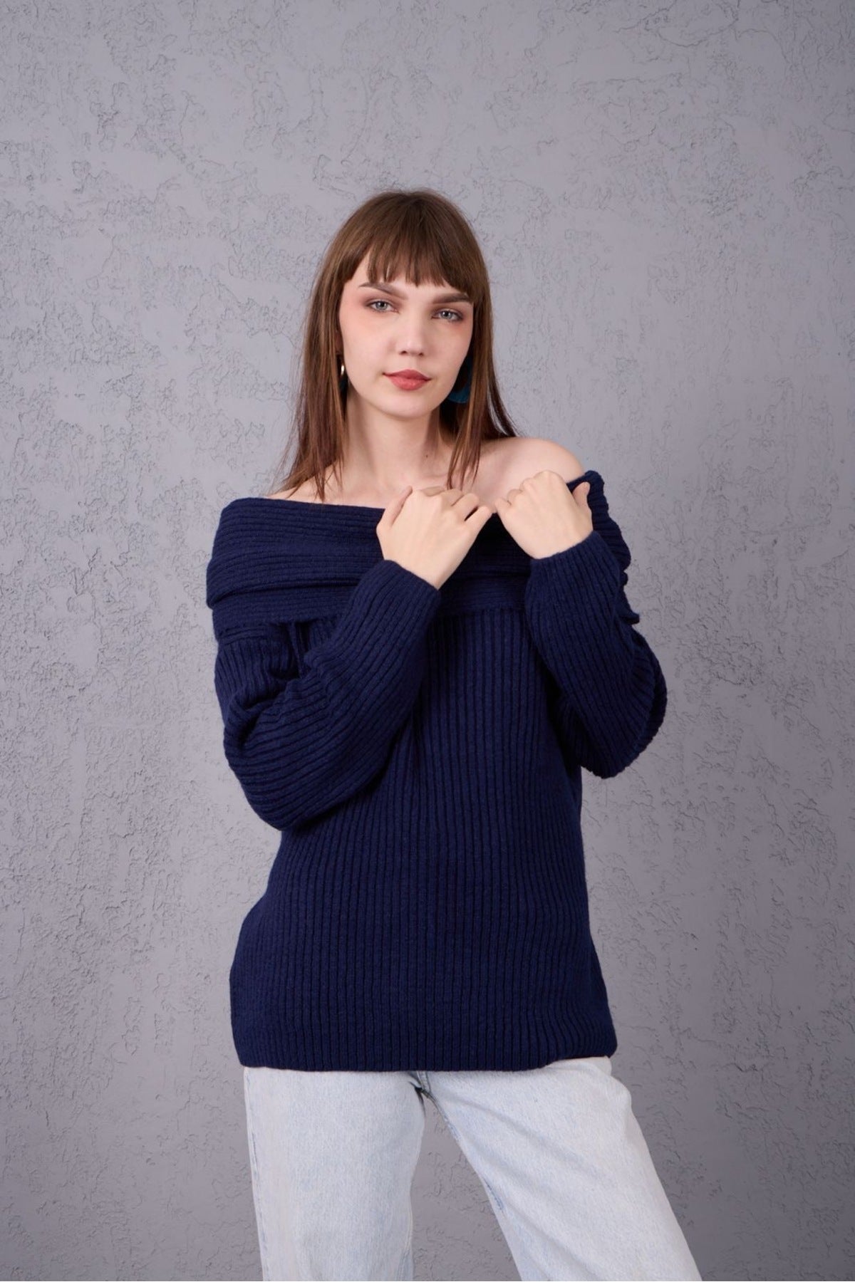 kadın yumoş kalın yumuşak Madonna yaka şık triko uzun kol kazak 3465