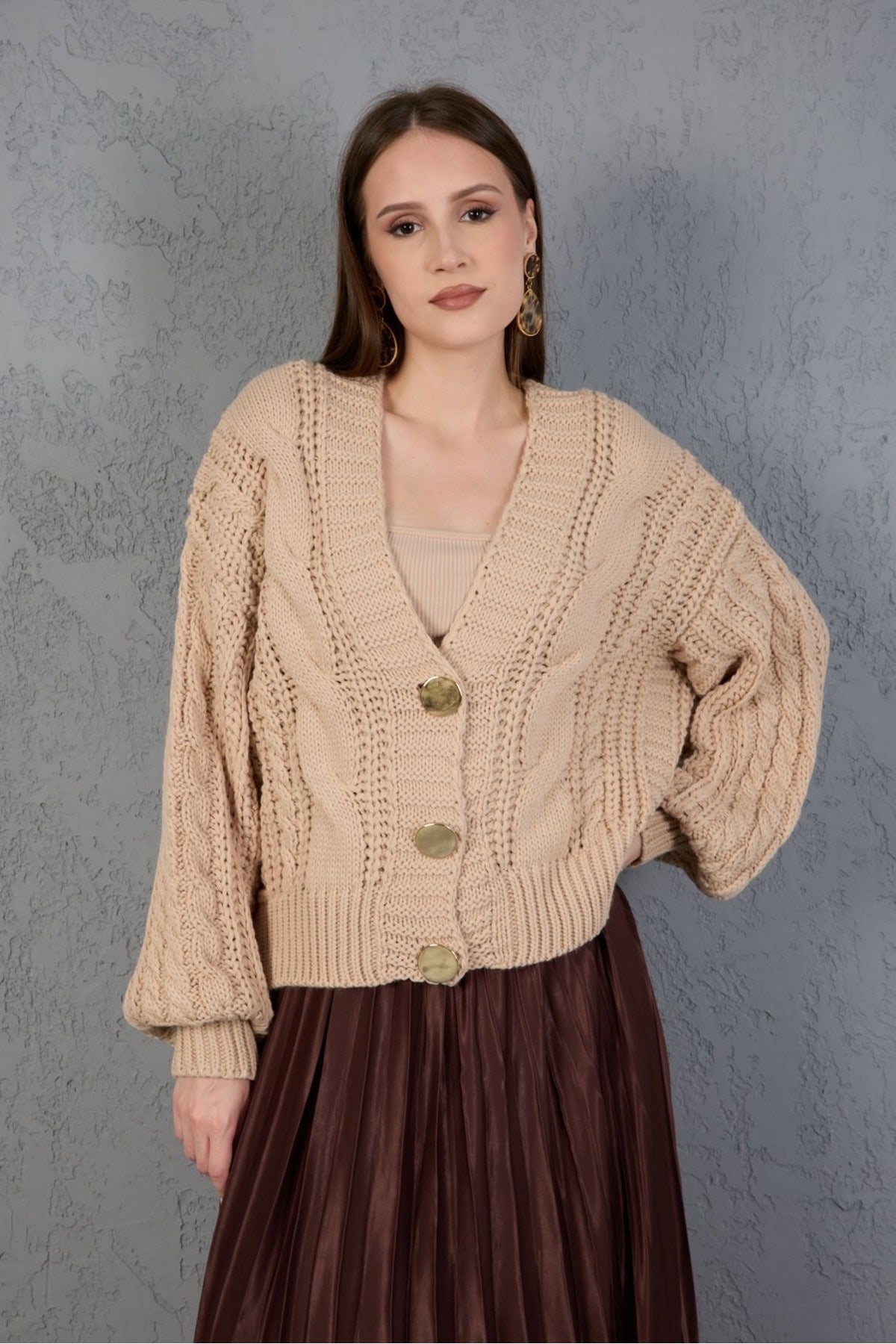 Kadın Triko Hırka Kazak V Yaka Düğmeli Kalın Yumuşak Şık Trend 3536