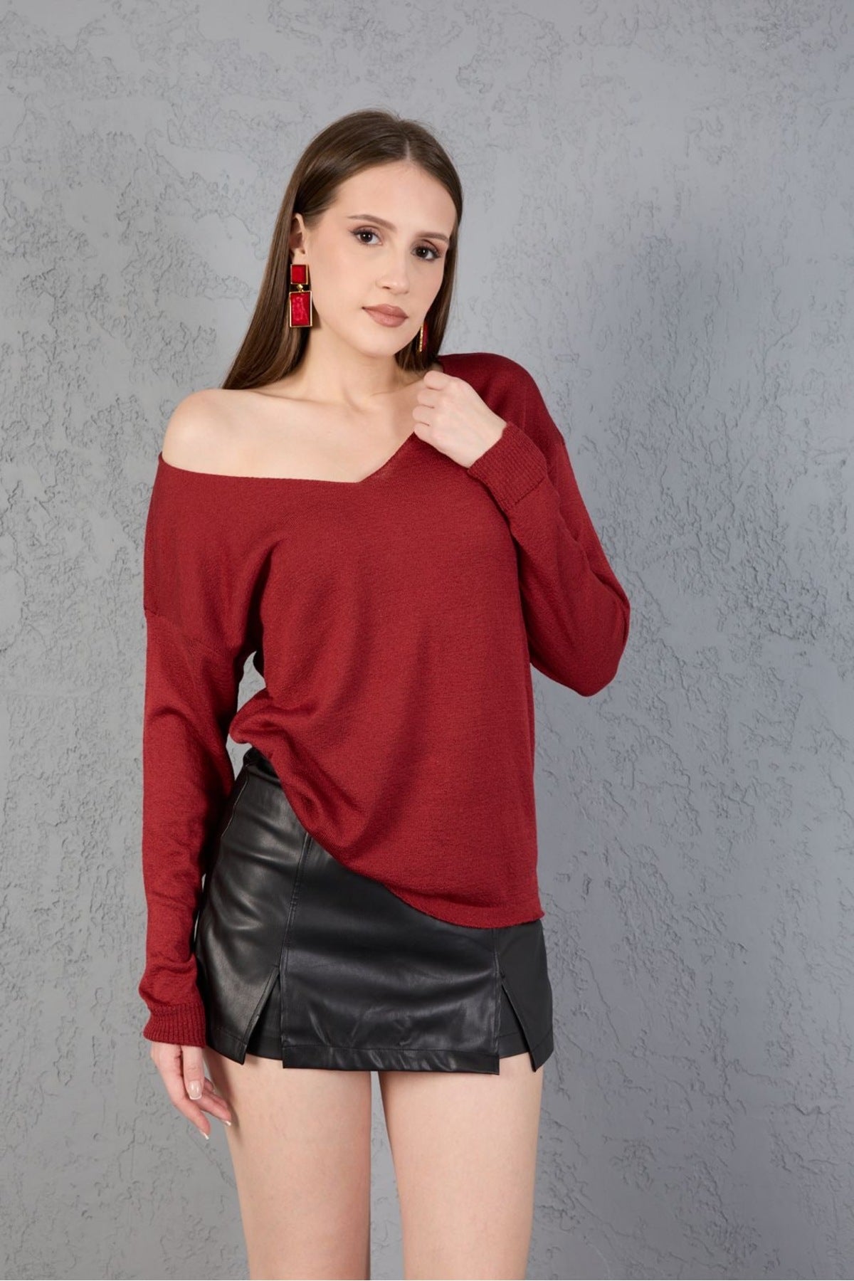 Kadın Triko Kazak V yaka Basic Yumuşak Doku Merserize Trend Ofis Şıklığı 3534