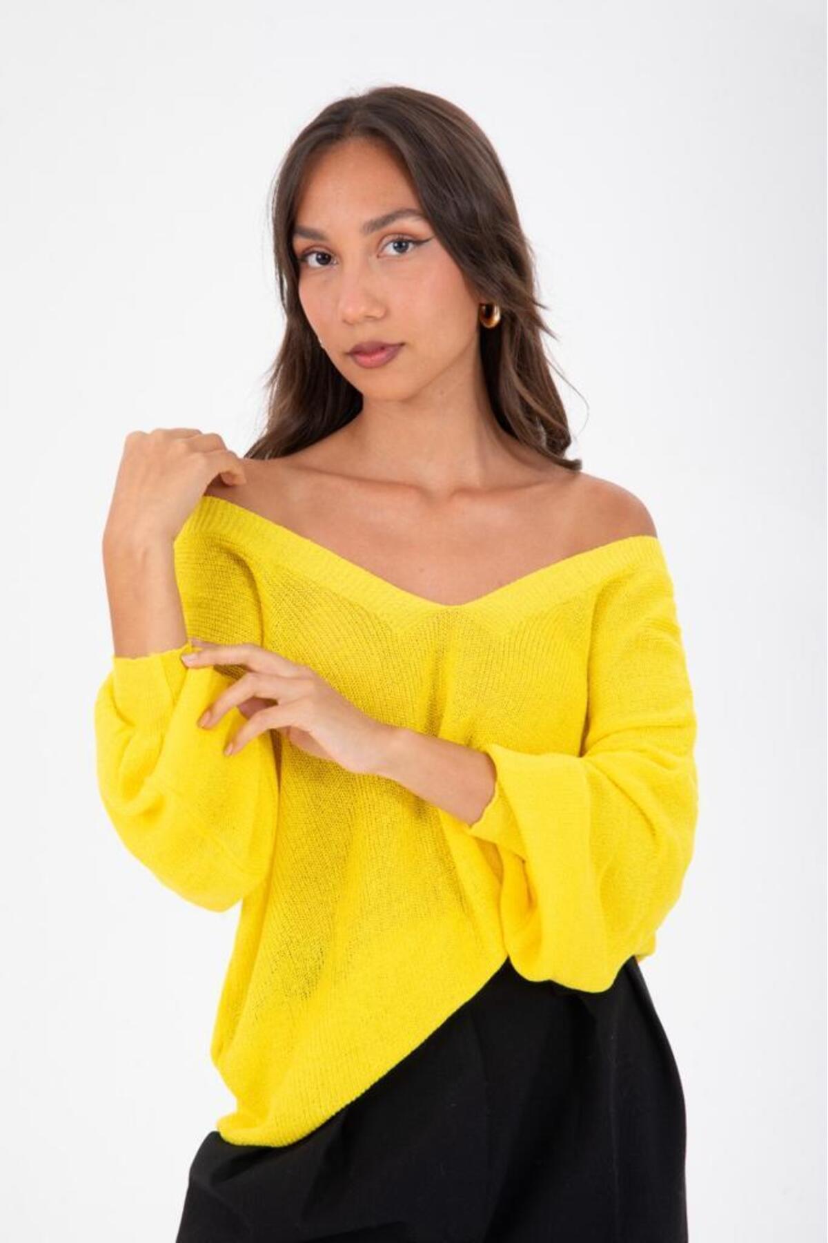 Kadın Giyim Bluz Merserize Kazak Ön Arka V Yaka Balon Kol Ince Merserize Triko Örme Salaş Kazak 3276