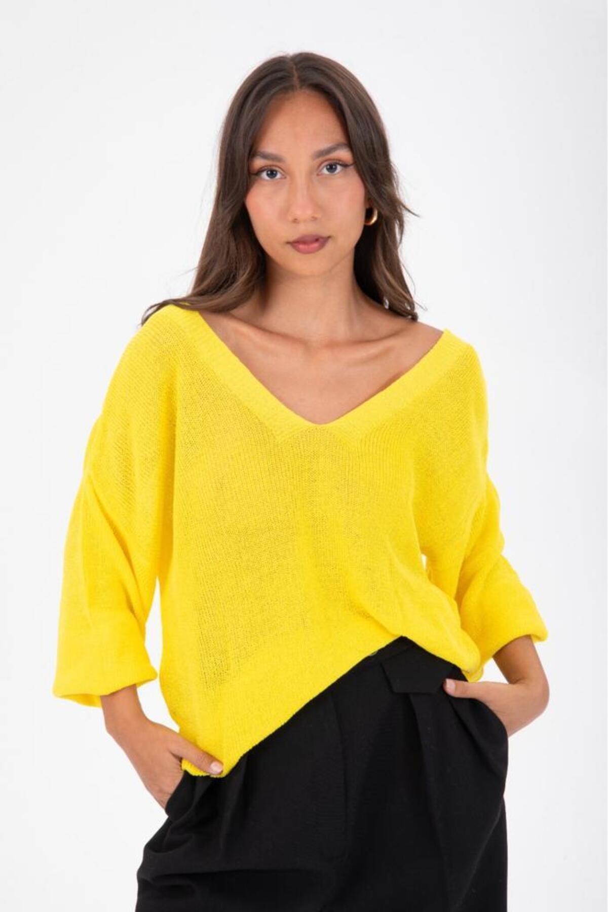 Kadın Giyim Bluz Merserize Kazak Ön Arka V Yaka Balon Kol Ince Merserize Triko Örme Salaş Kazak 3276