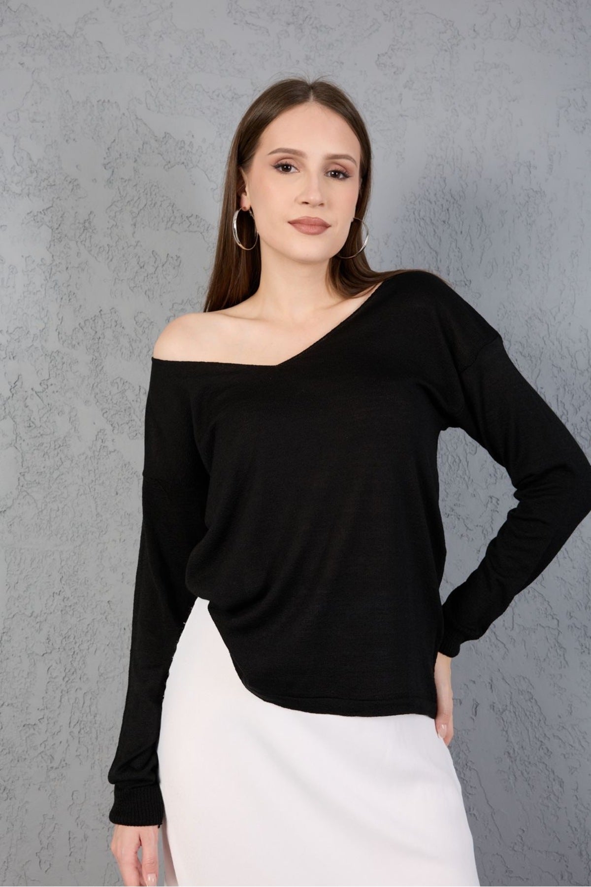 Kadın Triko Kazak V yaka Basic Yumuşak Doku Merserize Trend Ofis Şıklığı 3534