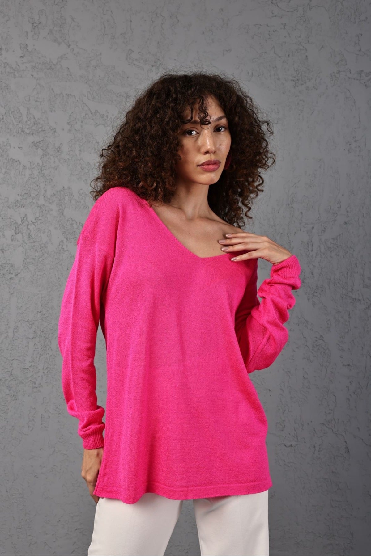 Kadın Triko Kazak V yaka Basic Yumuşak Doku Merserize Trend Ofis Şıklığı 3534