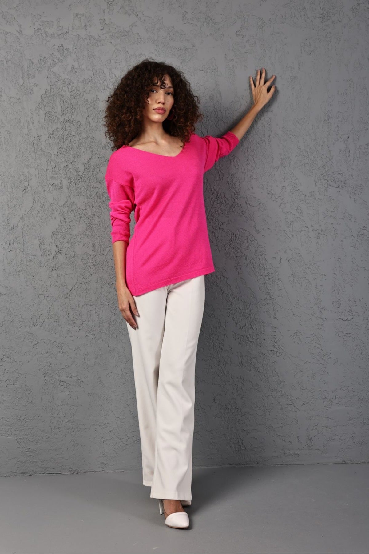 Kadın Triko Kazak V yaka Basic Yumuşak Doku Merserize Trend Ofis Şıklığı 3534