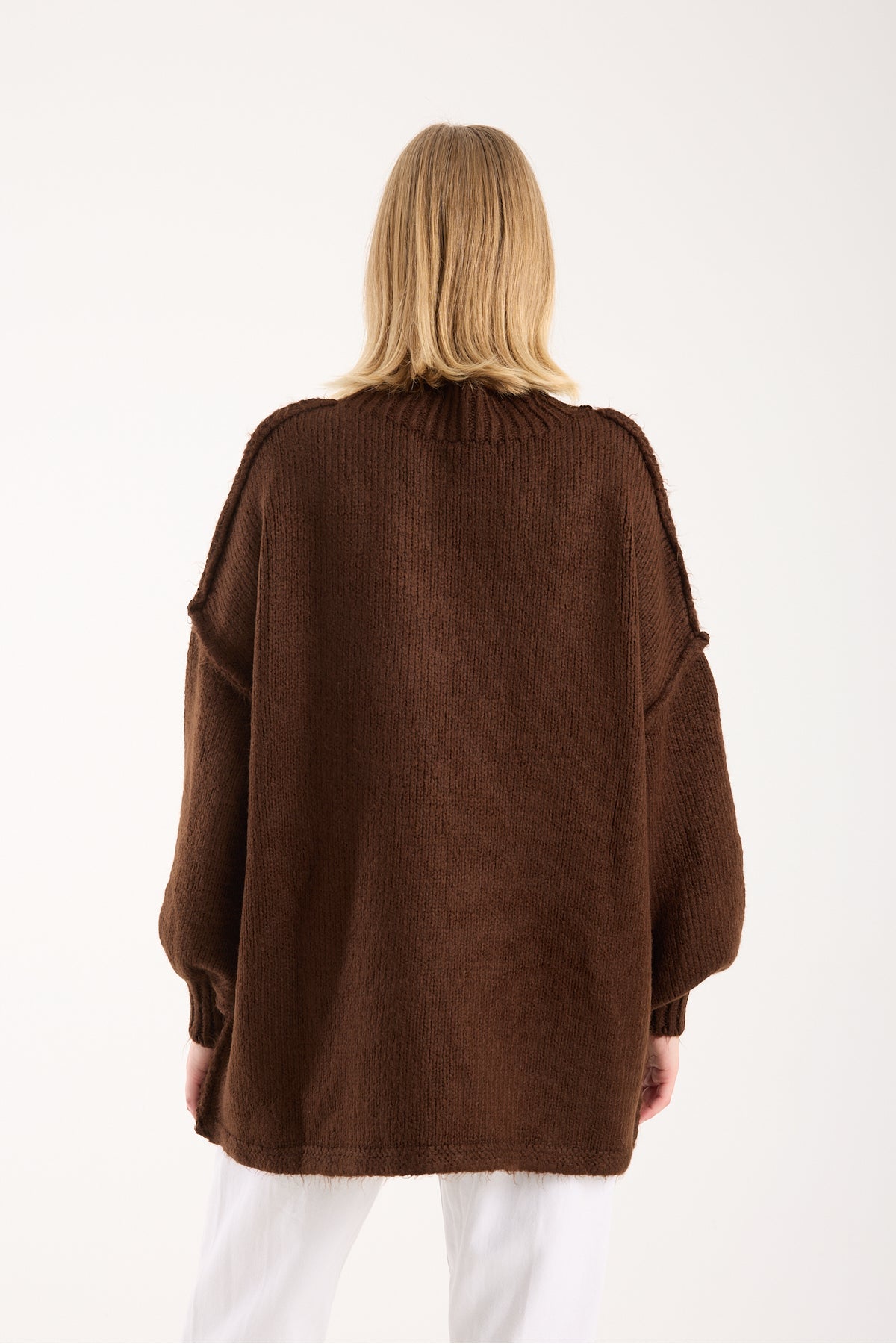 Yumoş ip ters dikiş oversize kadın kazak dik yaka 6513