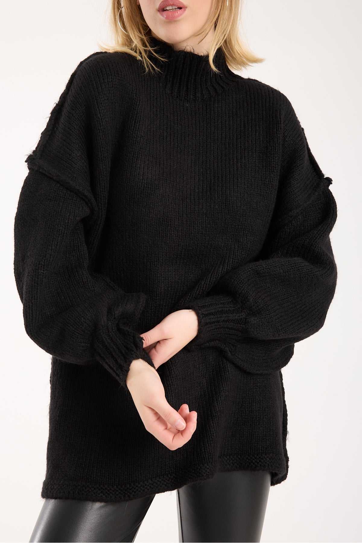 Yumoş ip ters dikiş oversize kadın kazak dik yaka 6513