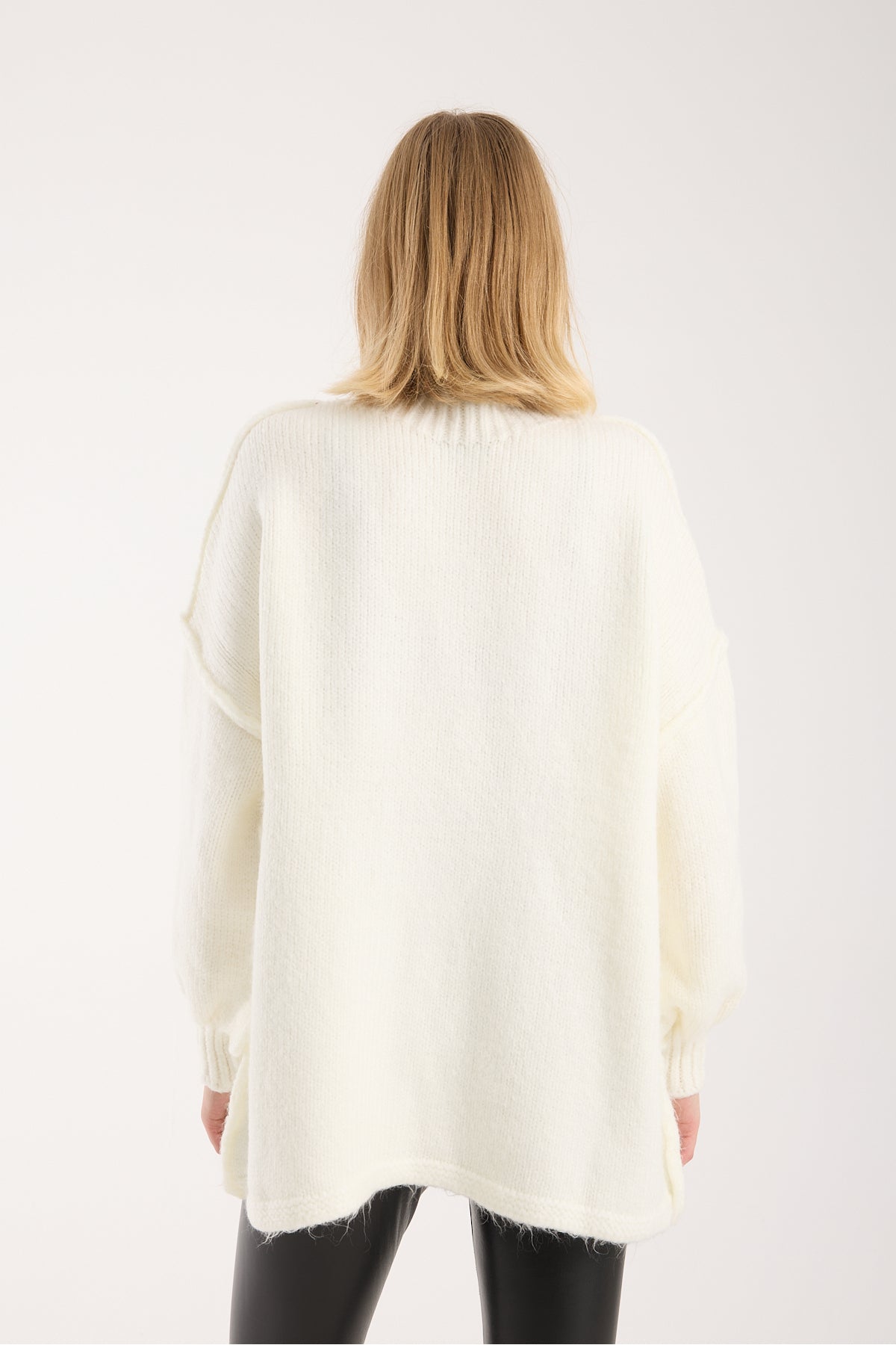 Yumoş ip ters dikiş oversize kadın kazak dik yaka 6513