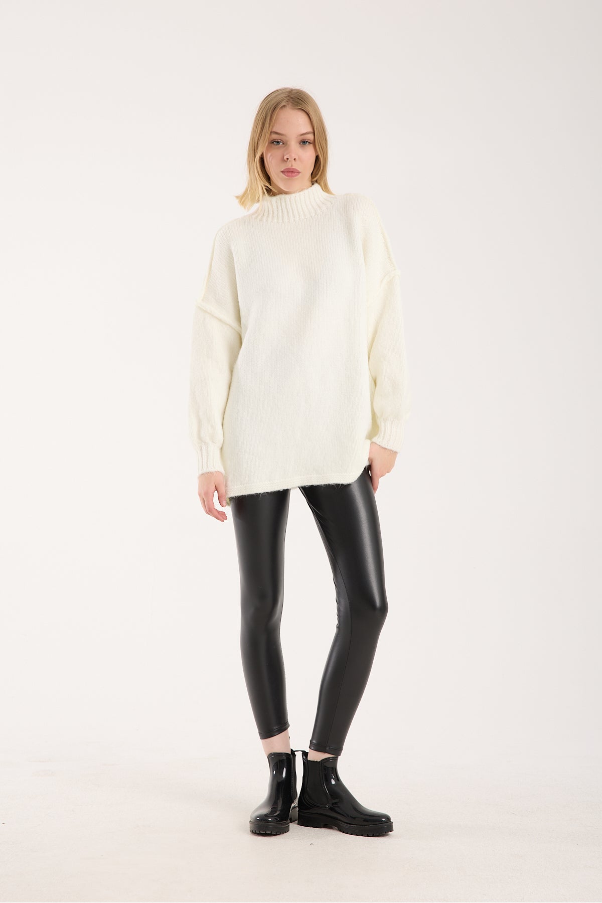 Yumoş ip ters dikiş oversize kadın kazak dik yaka 6513