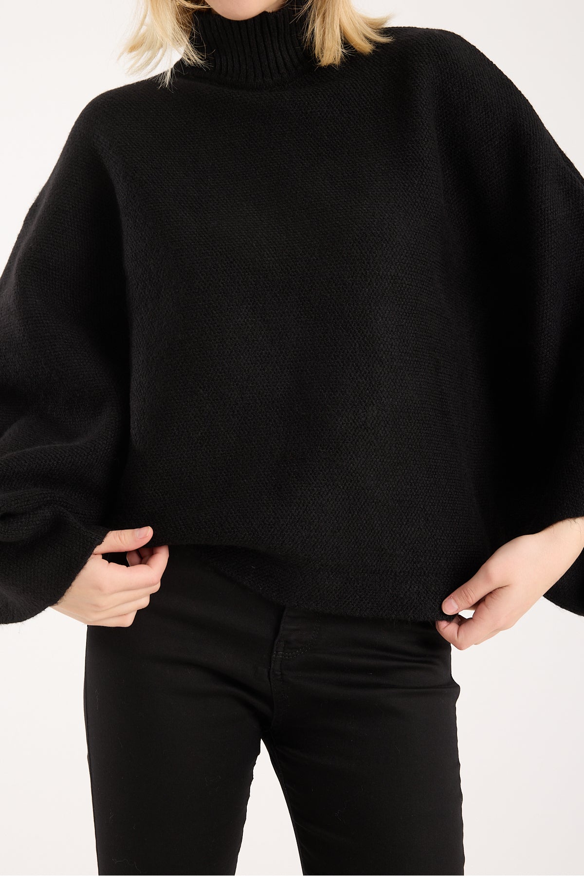 Yumoş ip pelerin dik yaka yarasa kol kadın kazak 6514