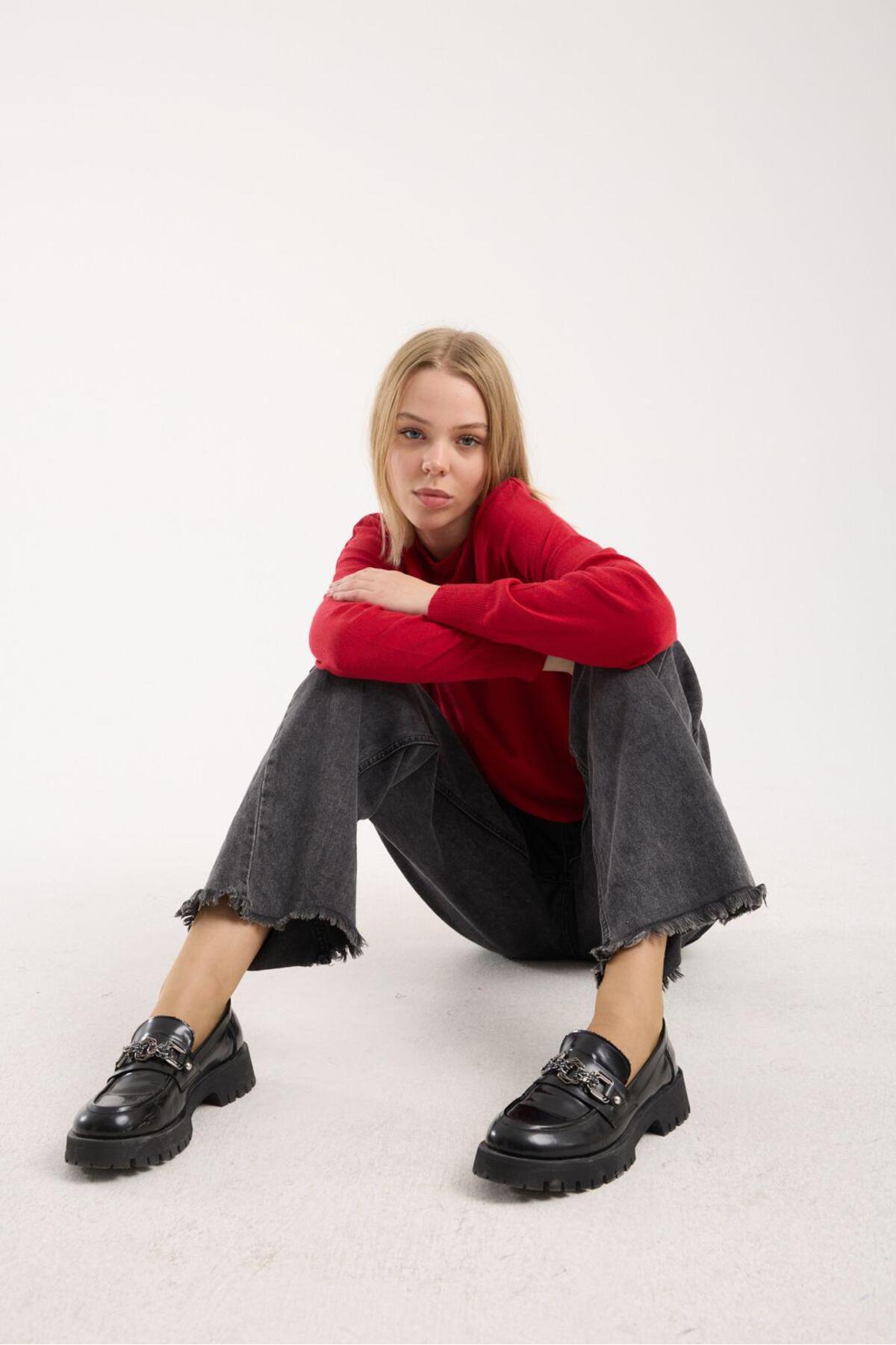 Kadın triko kazak yumuşak doku bisiklet yaka basic 3519