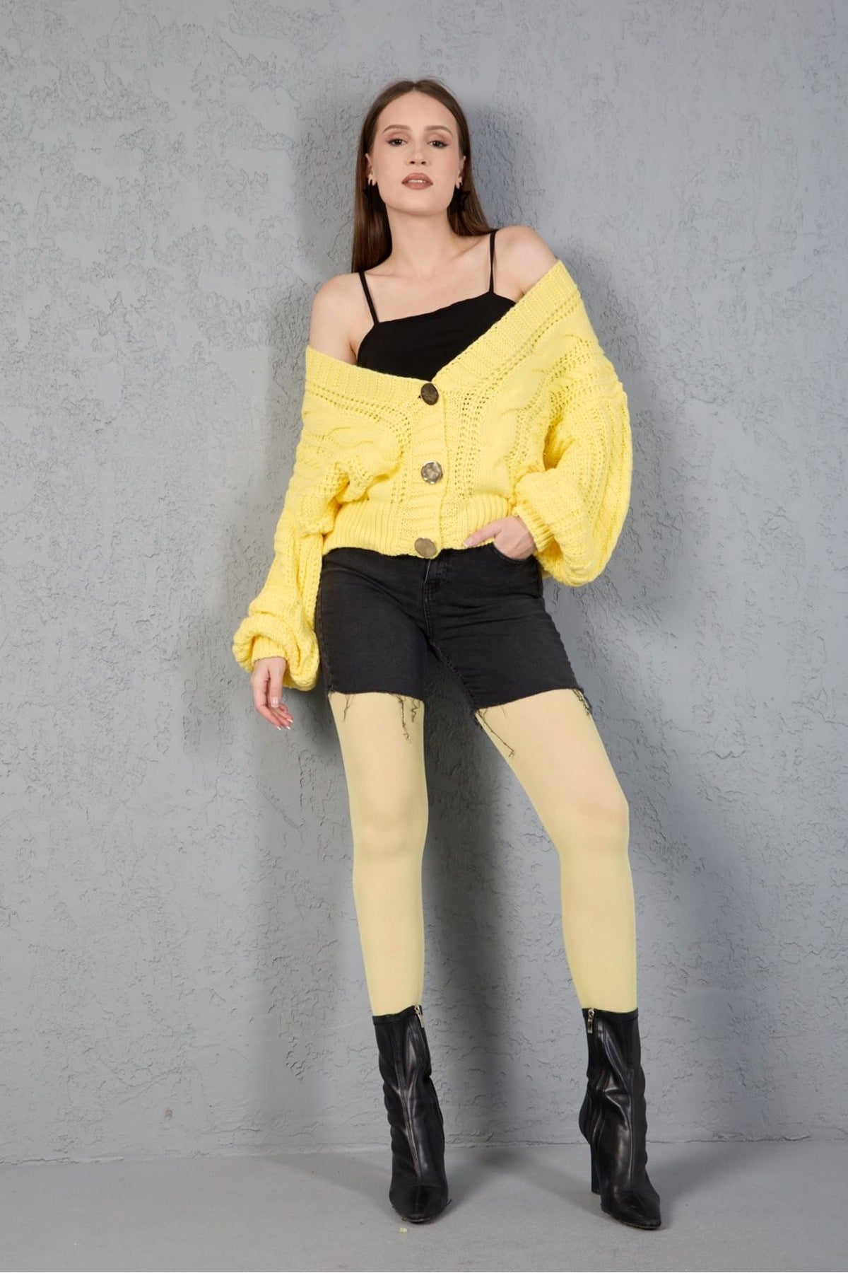 Kadın Triko Hırka Kazak V Yaka Düğmeli Kalın Yumuşak Şık Trend 3536