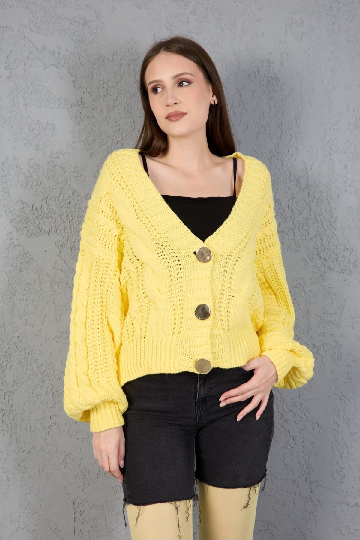 Kadın Triko Hırka Kazak V Yaka Düğmeli Kalın Yumuşak Şık Trend 3536