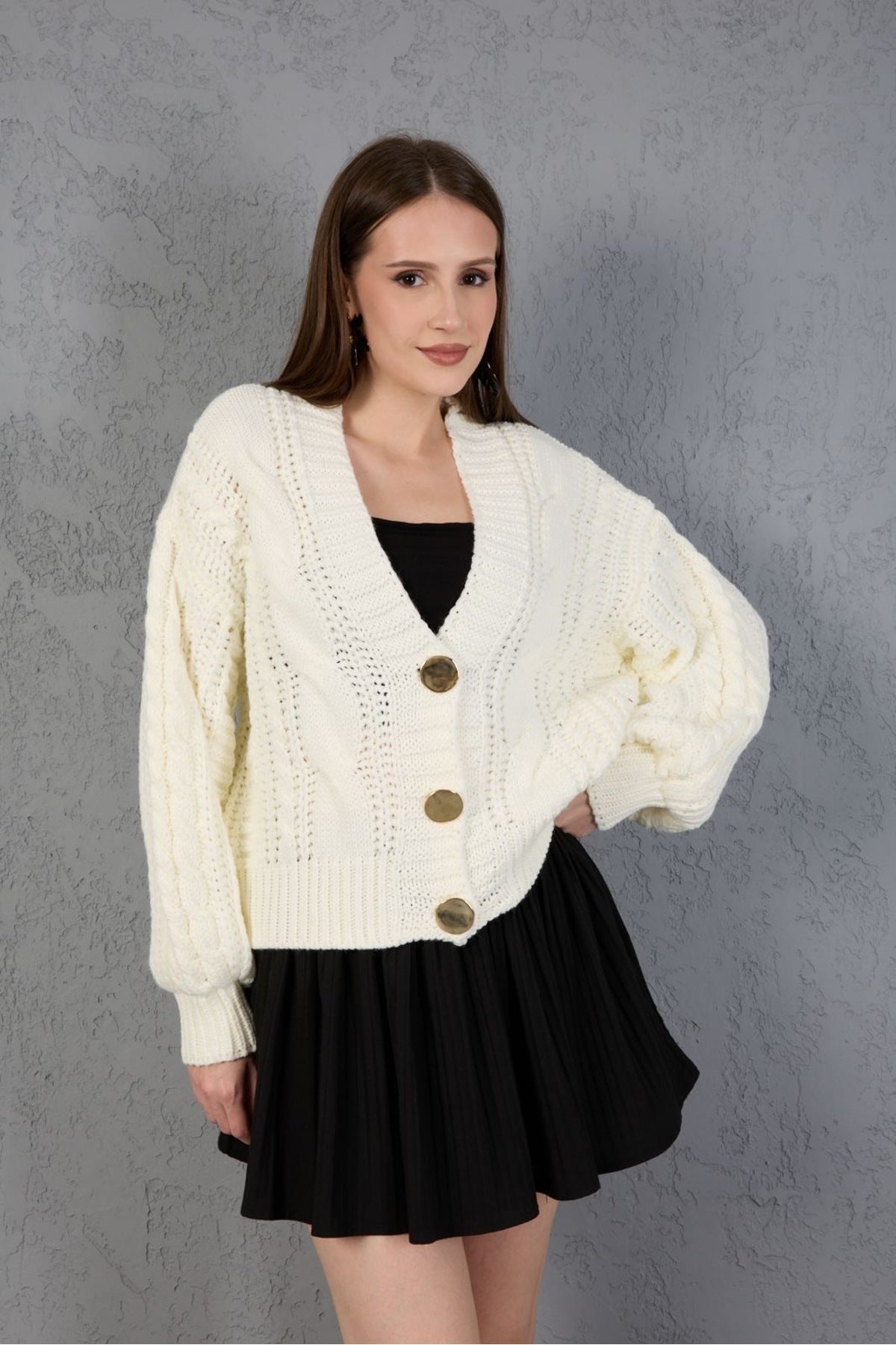 Kadın Triko Hırka Kazak V Yaka Düğmeli Kalın Yumuşak Şık Trend 3536