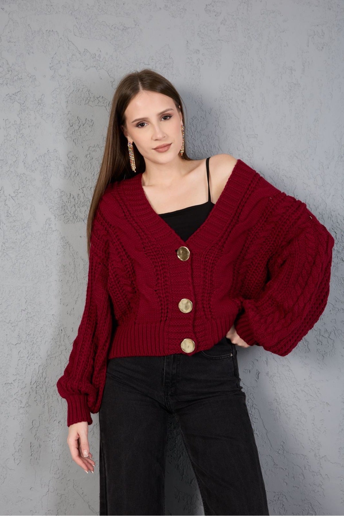 Kadın Triko Hırka Kazak V Yaka Düğmeli Kalın Yumuşak Şık Trend 3536