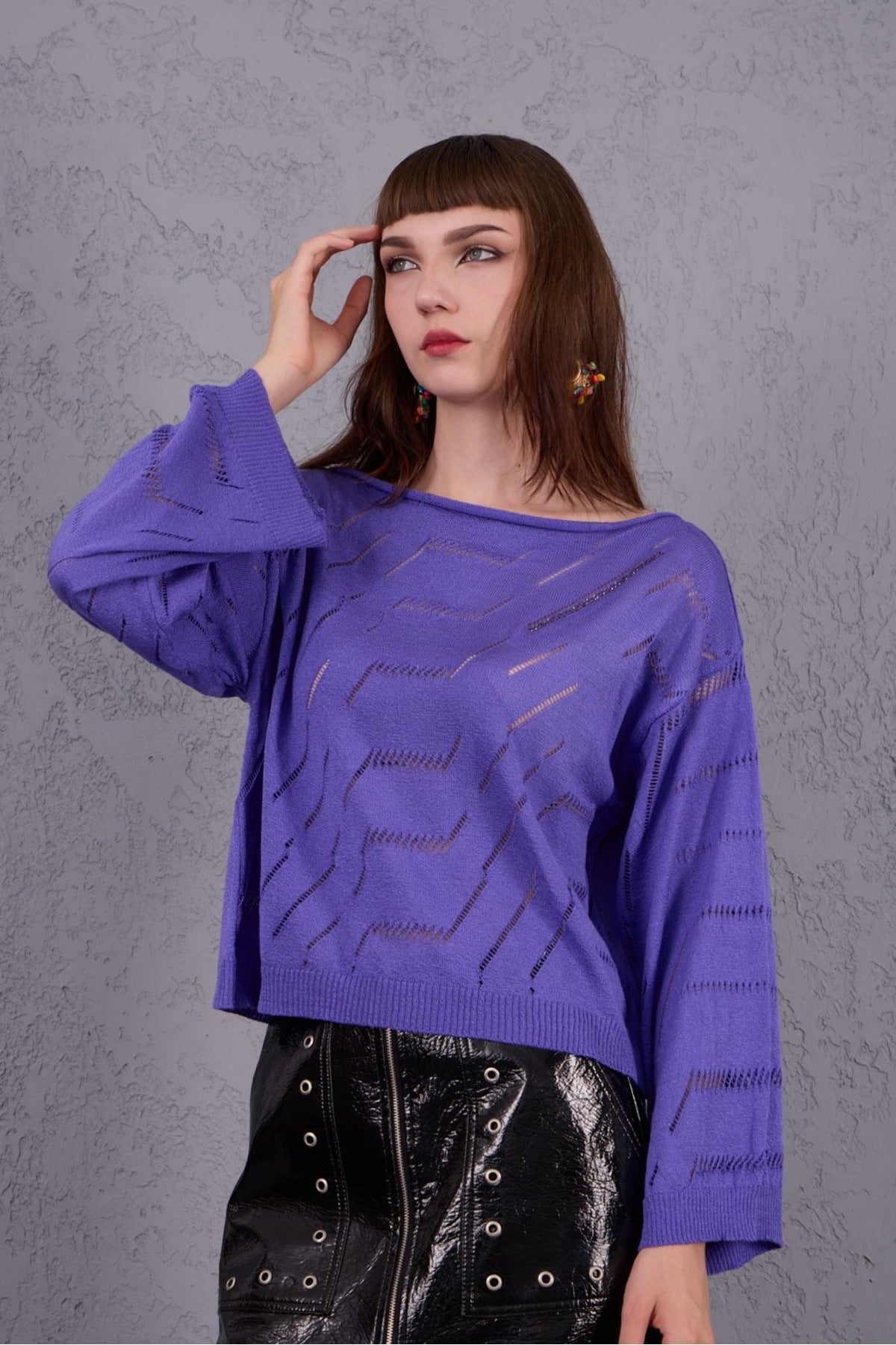 Kadın Triko Kazak Giyim Taşlı Kayık Yaka Tasarım Şık Yeni Yıl 3535