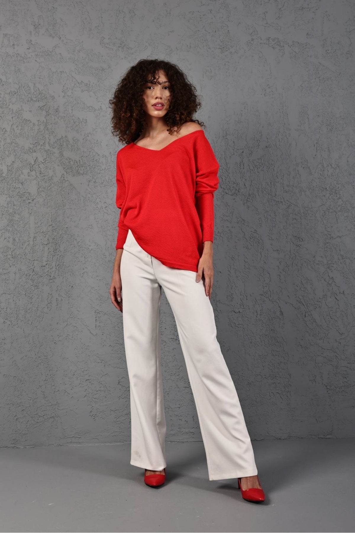 Kadın Triko Kazak V yaka Basic Yumuşak Doku Merserize Trend Ofis Şıklığı 3534