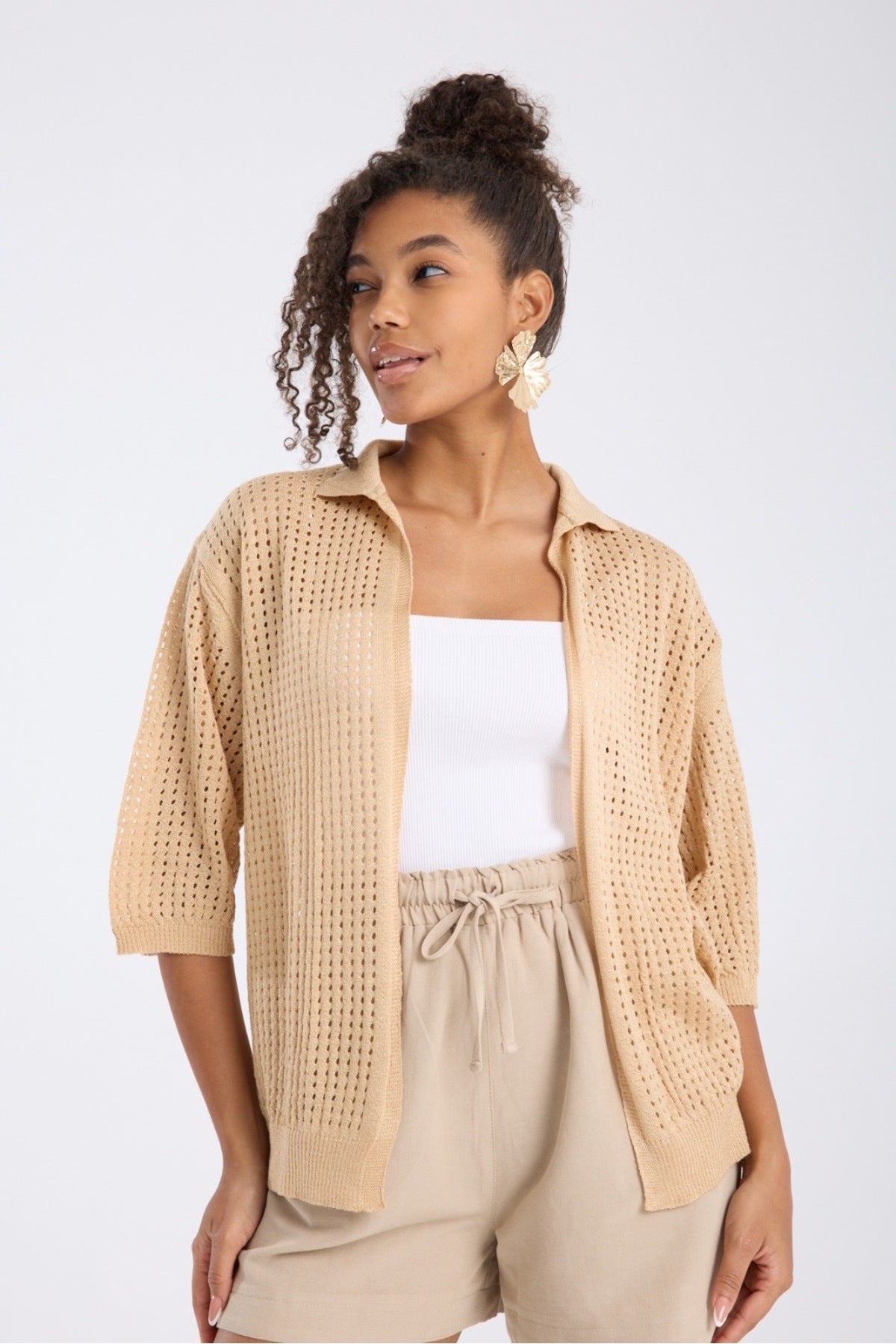 kadın hırka yazlık ince delikli önü açık kapri kol rahat kalıp 3512