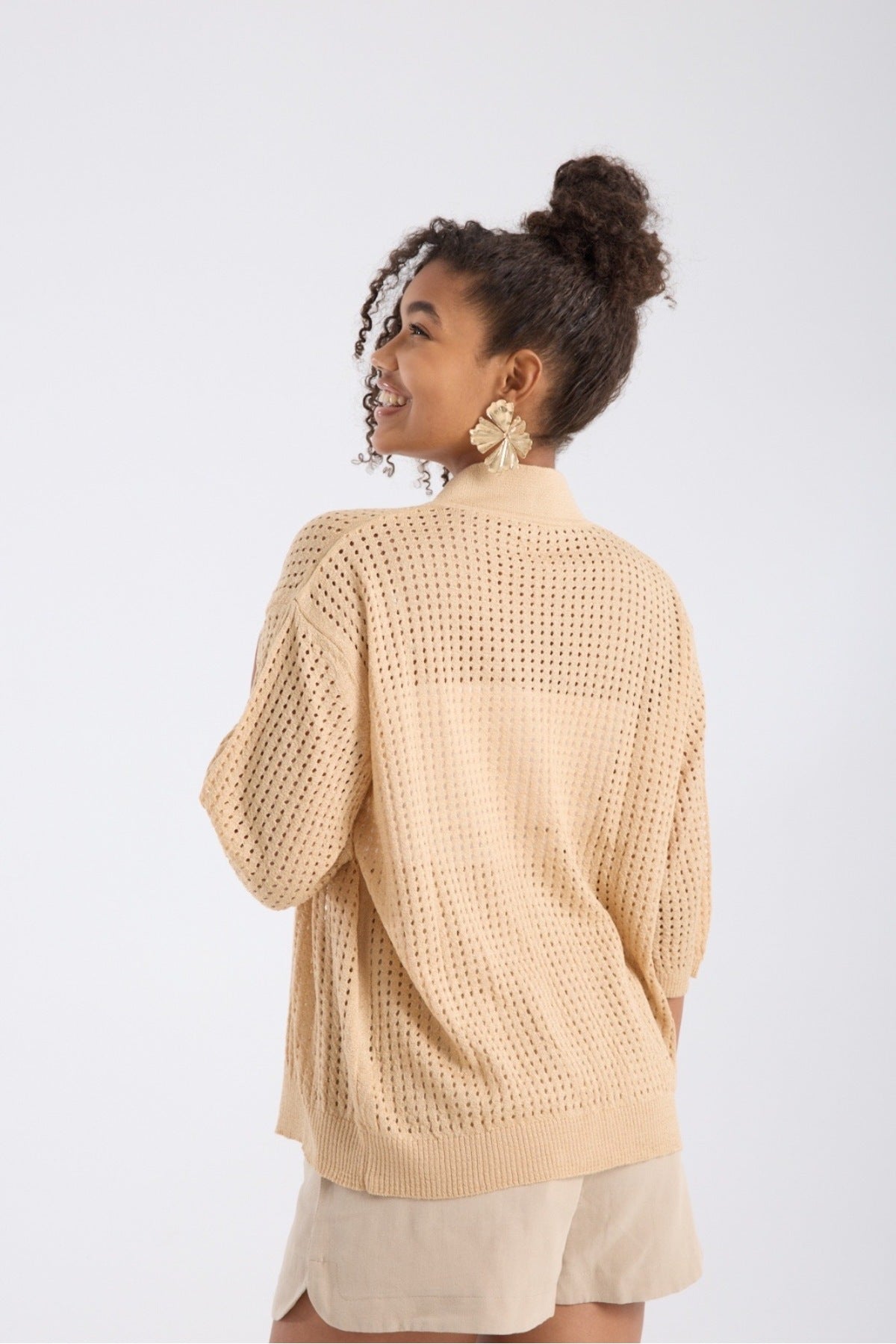 kadın hırka yazlık ince delikli önü açık kapri kol rahat kalıp 3512