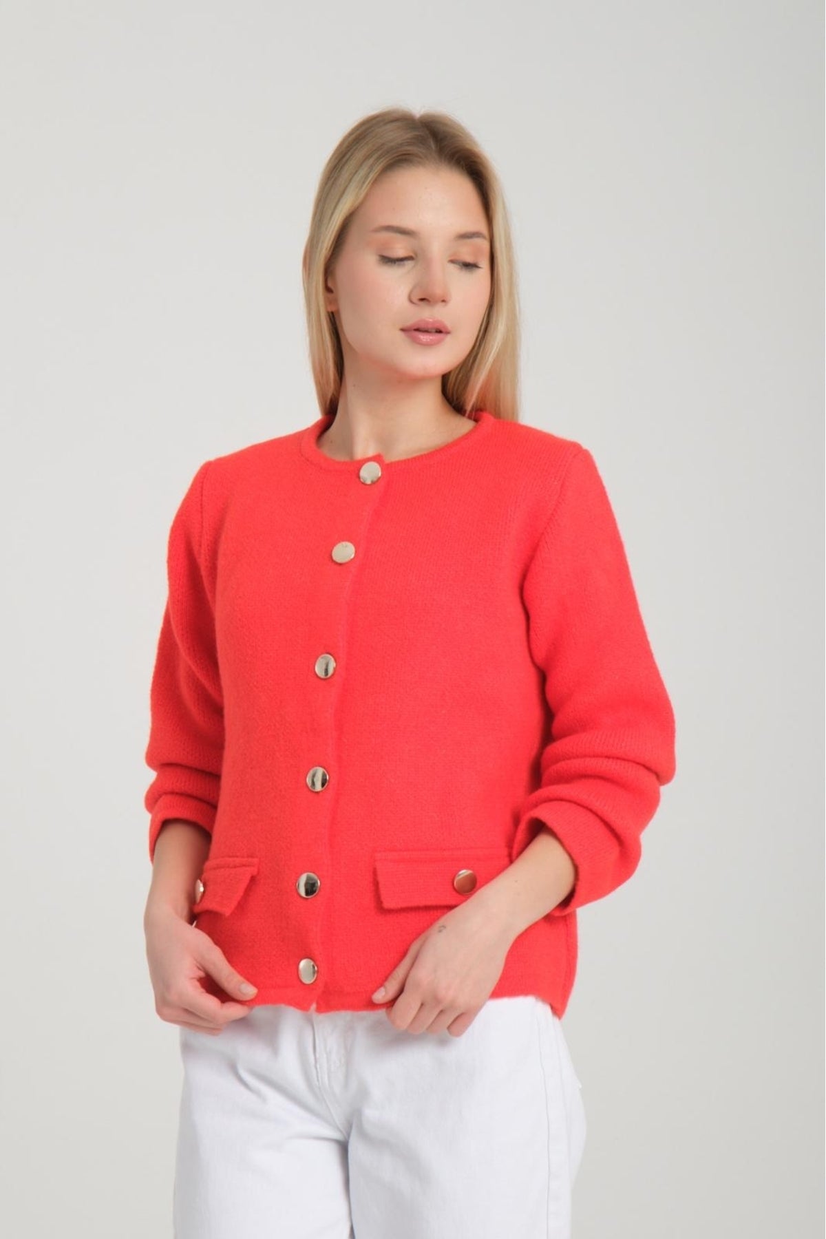 kadın triko hırka düğmeli uzunkol yumoş bisiklet yaka rahat kalıp hırka 3475