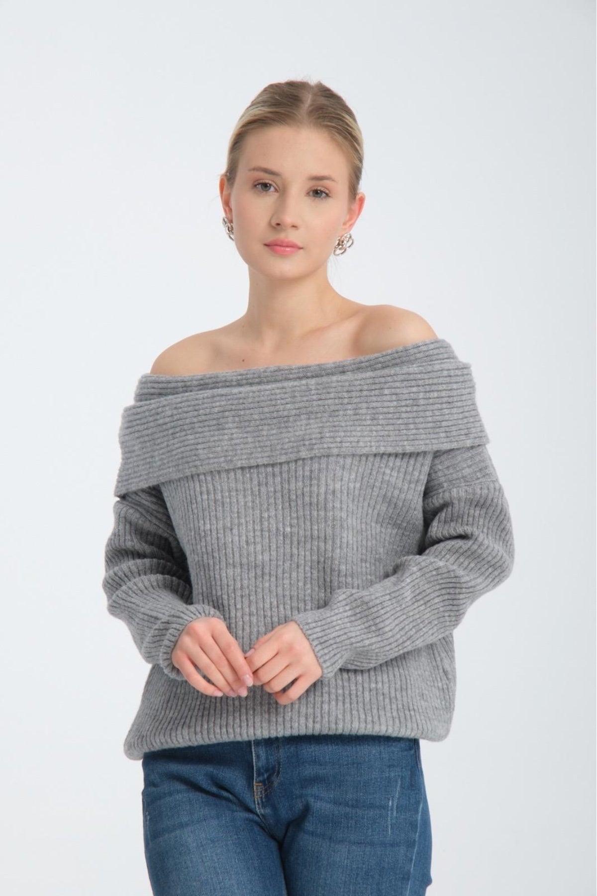 kadın yumoş kalın yumuşak Madonna yaka şık triko uzun kol kazak 3465