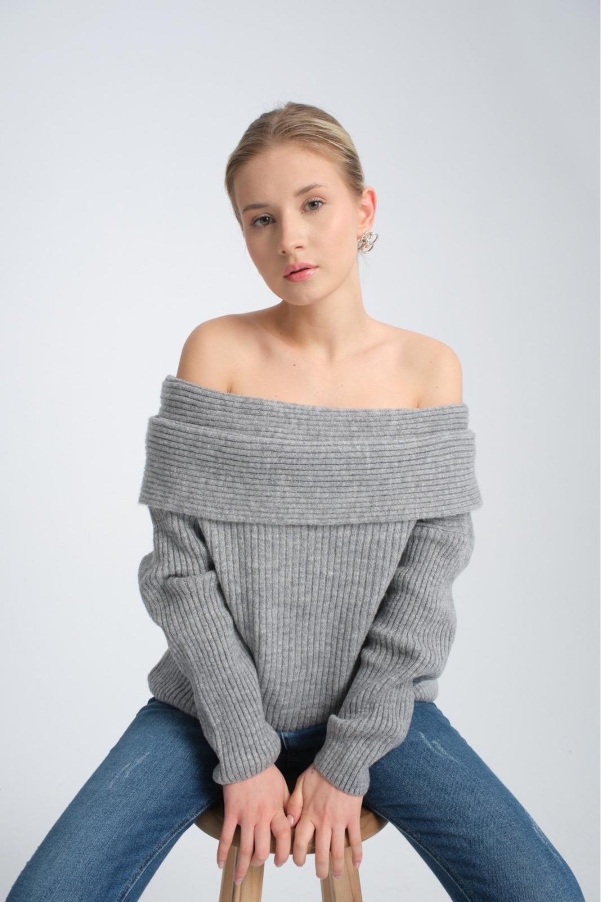 kadın yumoş kalın yumuşak Madonna yaka şık triko uzun kol kazak 3465