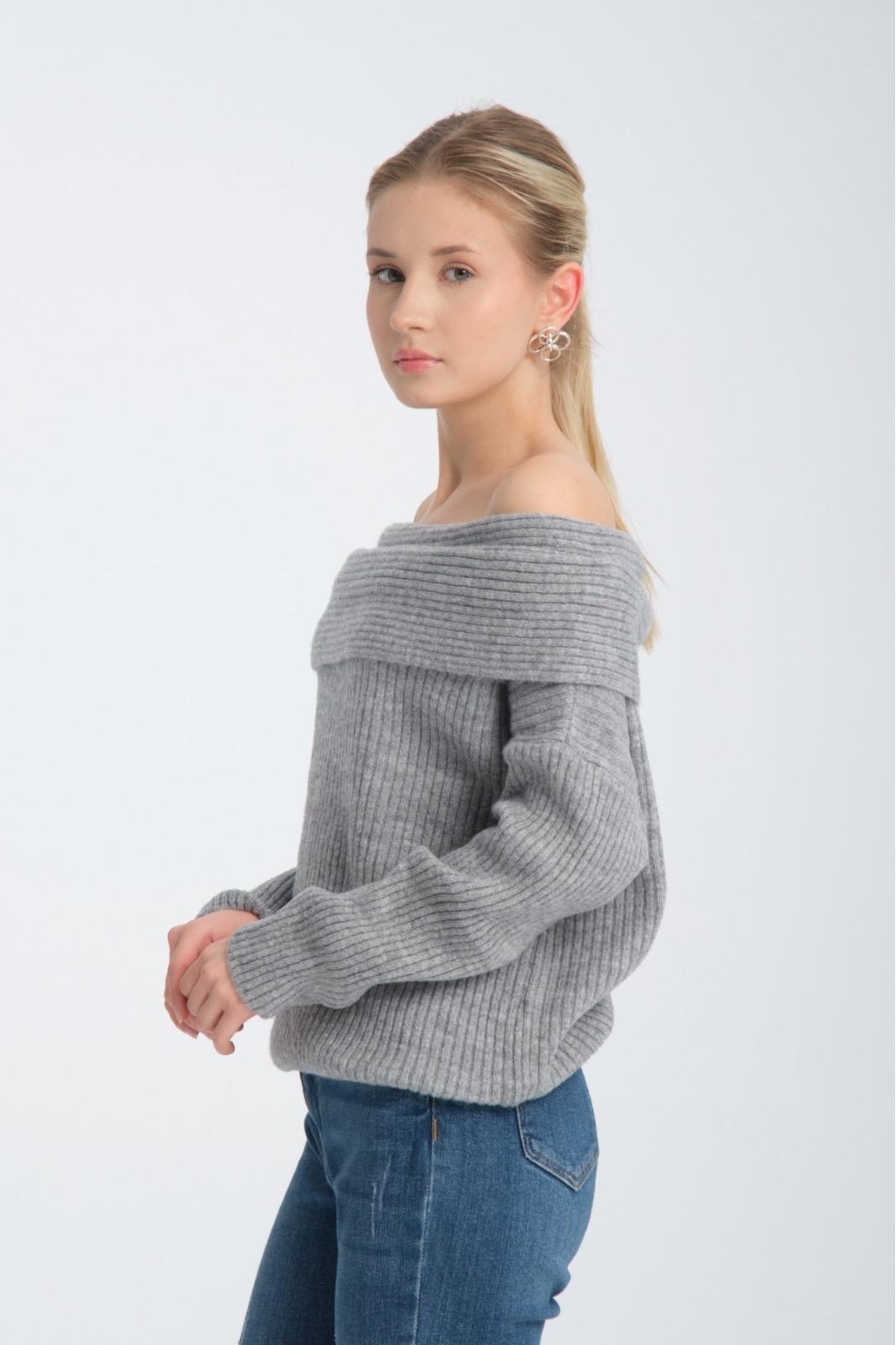 kadın yumoş kalın yumuşak Madonna yaka şık triko uzun kol kazak 3465