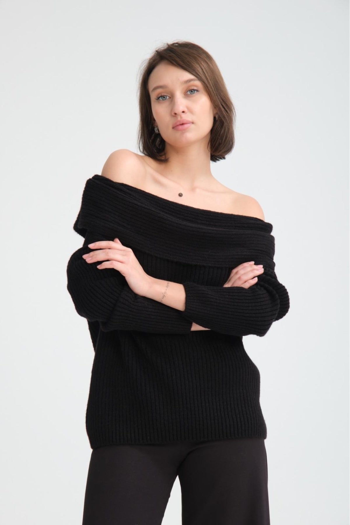 kadın yumoş kalın yumuşak Madonna yaka şık triko uzun kol kazak 3465