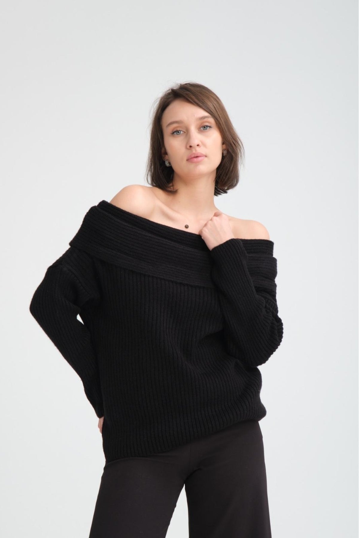 kadın yumoş kalın yumuşak Madonna yaka şık triko uzun kol kazak 3465