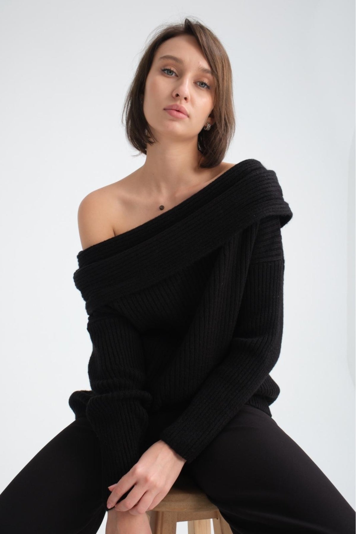 kadın yumoş kalın yumuşak Madonna yaka şık triko uzun kol kazak 3465