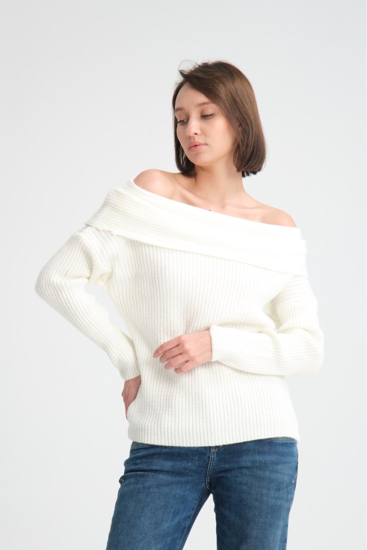 kadın yumoş kalın yumuşak Madonna yaka şık triko uzun kol kazak 3465