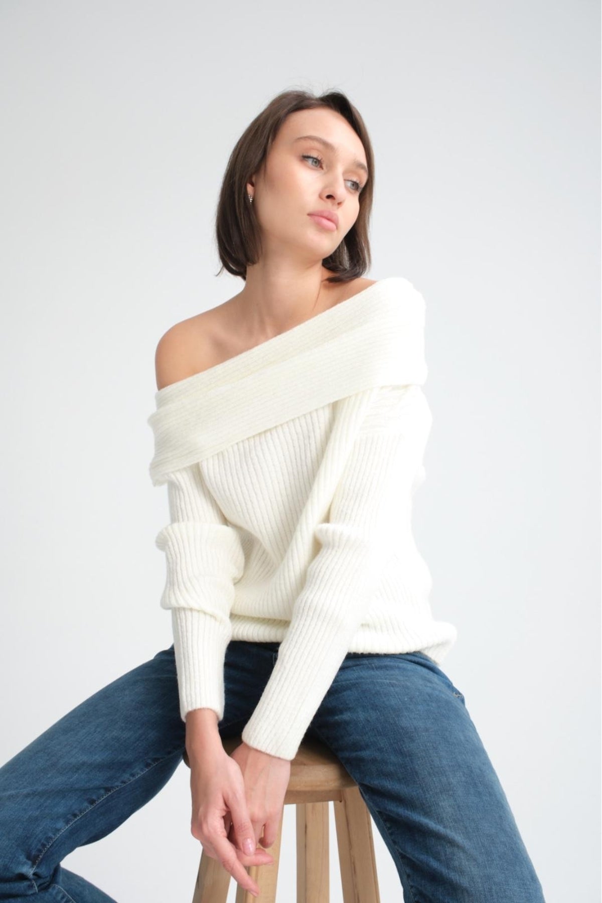 kadın yumoş kalın yumuşak Madonna yaka şık triko uzun kol kazak 3465