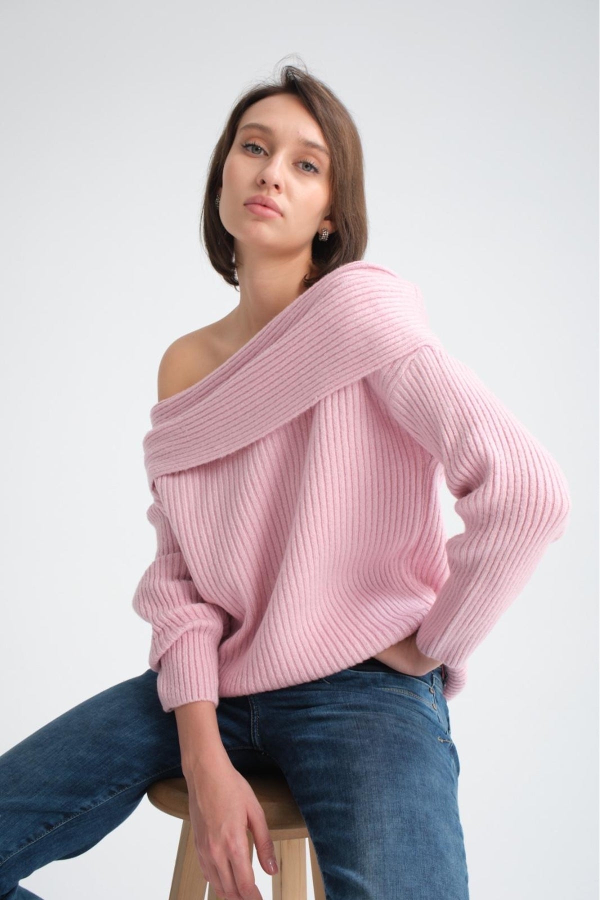 kadın yumoş kalın yumuşak Madonna yaka şık triko uzun kol kazak 3465