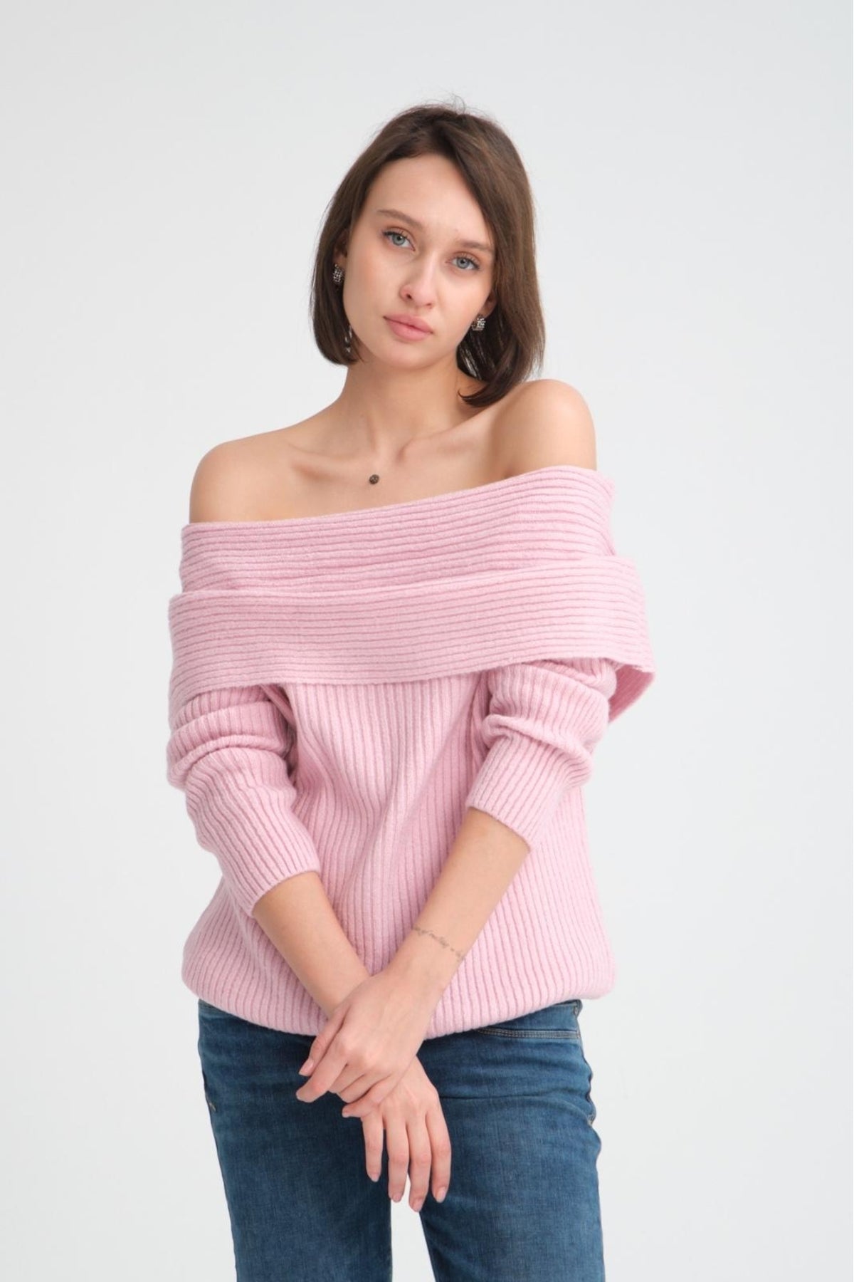 kadın yumoş kalın yumuşak Madonna yaka şık triko uzun kol kazak 3465