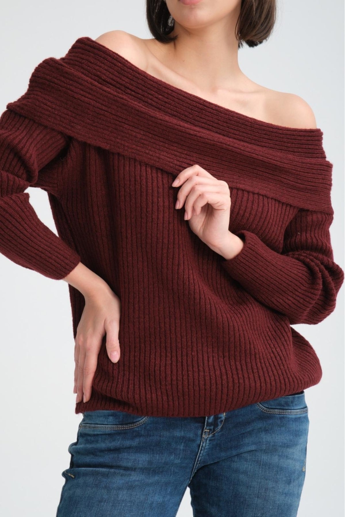 kadın yumoş kalın yumuşak Madonna yaka şık triko uzun kol kazak 3465