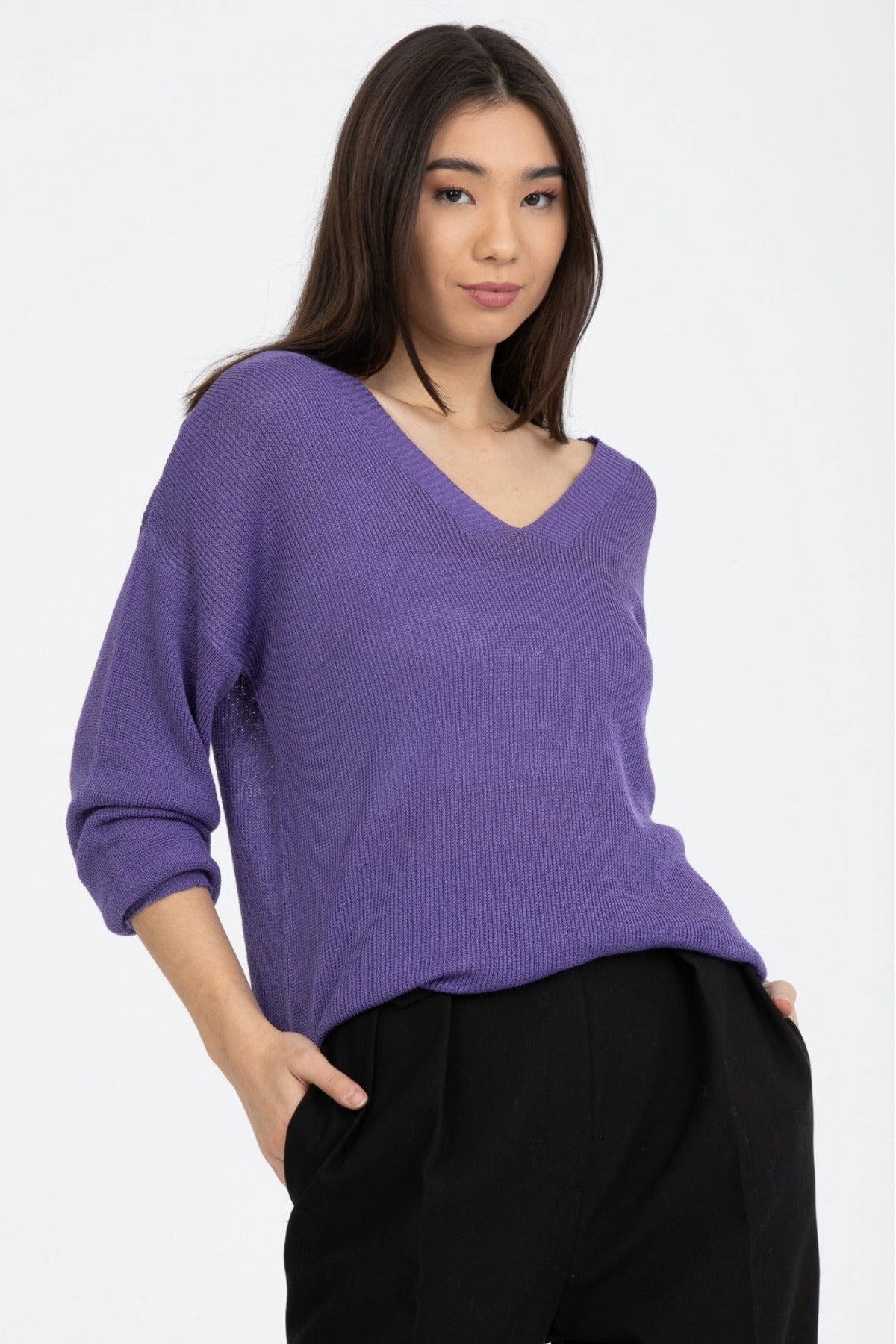 Kadın Giyim Bluz Merserize Kazak Ön Arka V Yaka Balon Kol Ince Merserize Triko Örme Salaş Kazak 3276