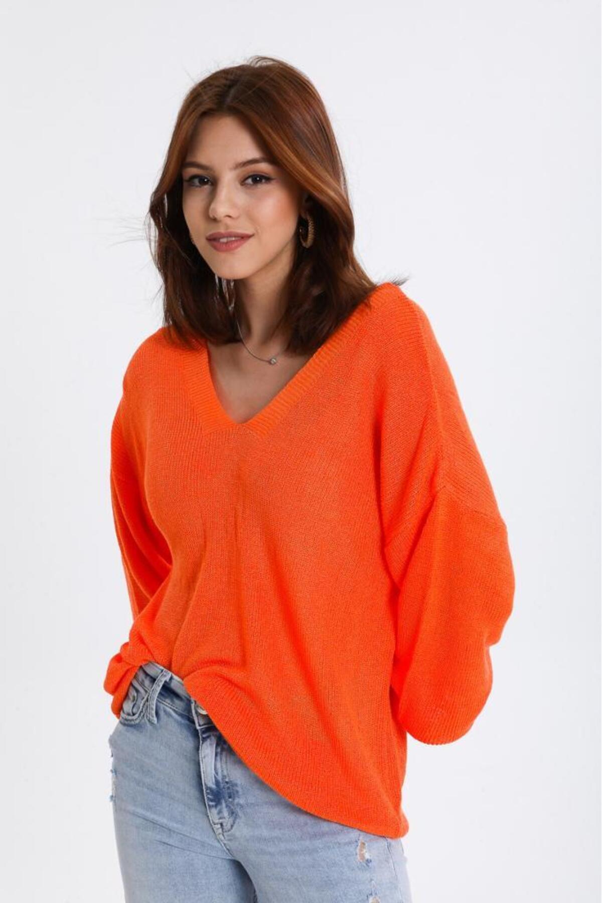 Kadın Giyim Bluz Merserize Kazak Ön Arka V Yaka Balon Kol Ince Merserize Triko Örme Salaş Kazak 3276