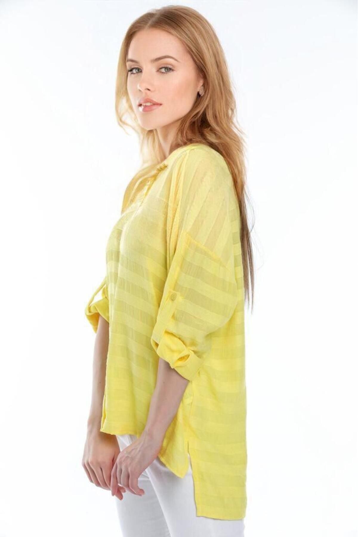 Kadın Giyim Gömlek Keten Görünümlü Bej Rengi Hafif Serin Tutan Yazlık Şıklık Rahat Kalıp 5180