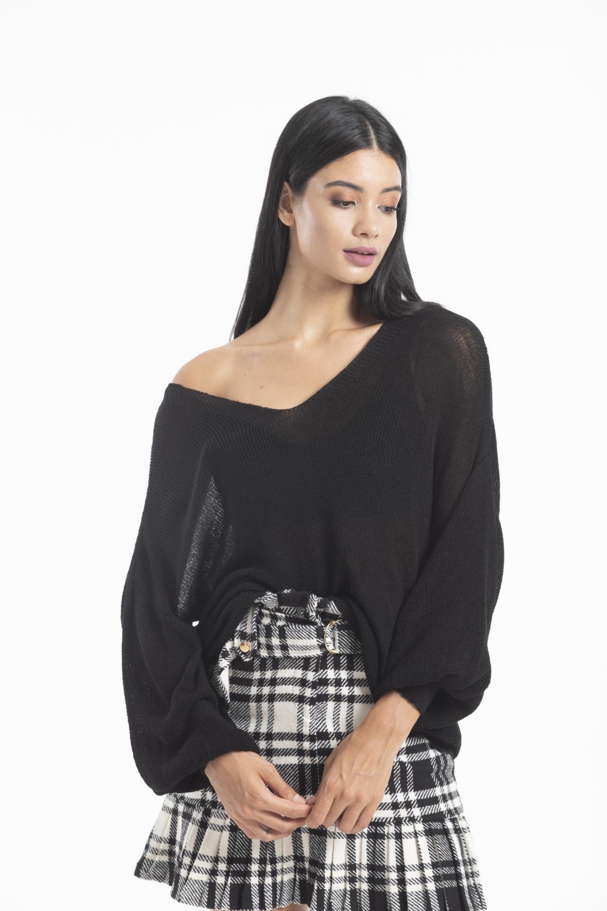 Kadın Giyim Bluz Merserize Kazak Ön Arka V Yaka Balon Kol Ince Merserize Triko Örme Salaş Kazak 3276