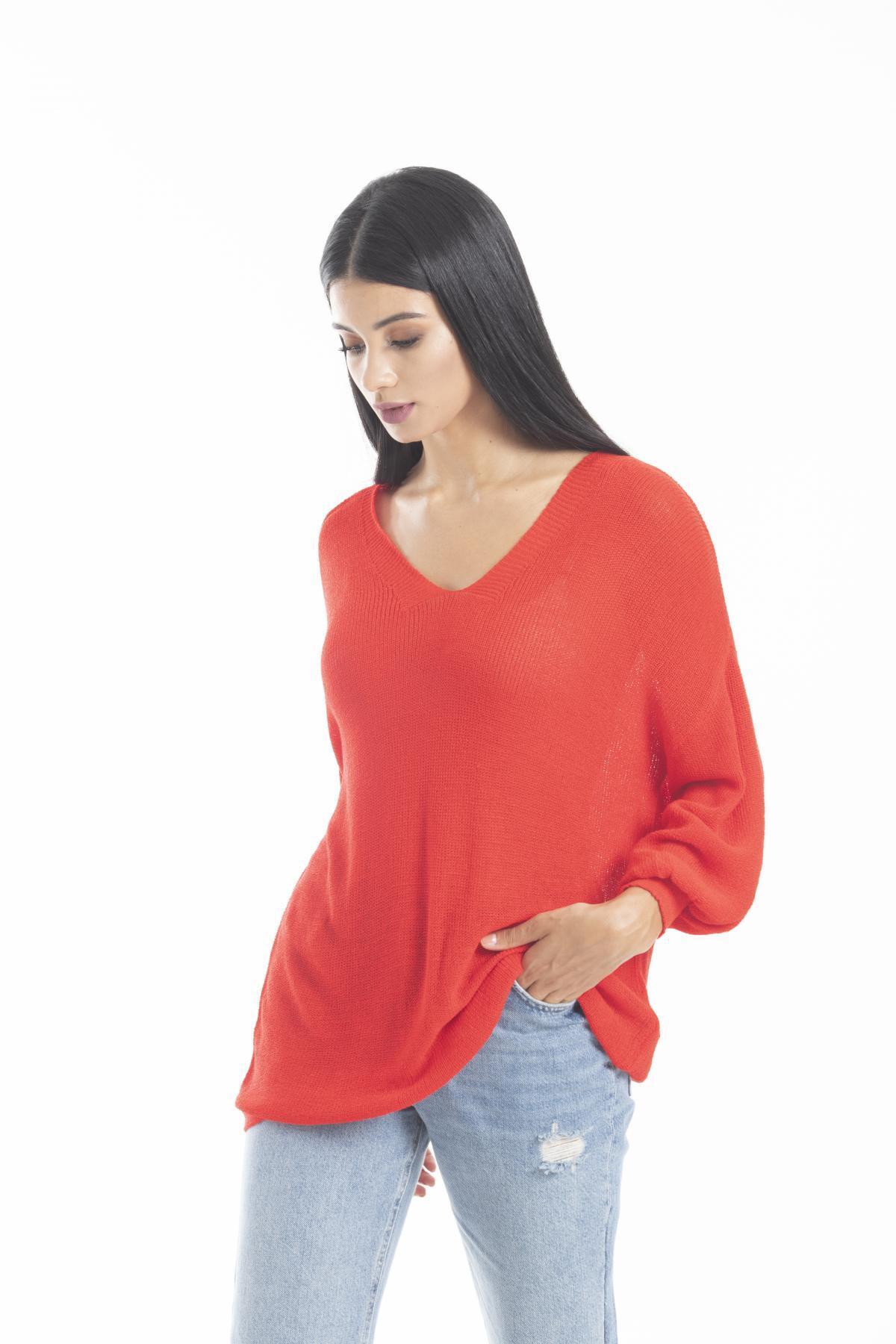 Kadın Giyim Bluz Merserize Kazak Ön Arka V Yaka Balon Kol Ince Merserize Triko Örme Salaş Kazak 3276