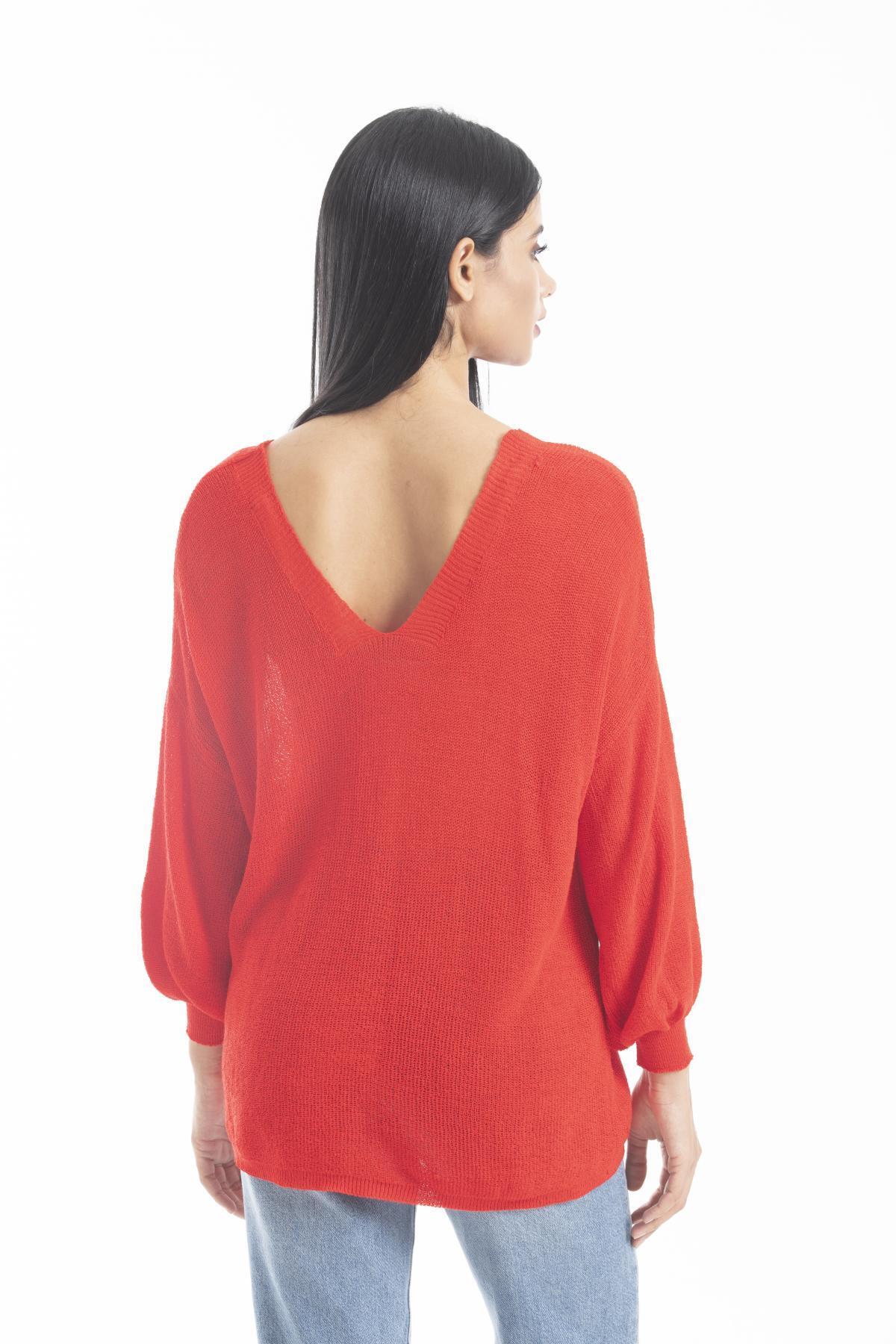 Kadın Giyim Bluz Merserize Kazak Ön Arka V Yaka Balon Kol Ince Merserize Triko Örme Salaş Kazak 3276