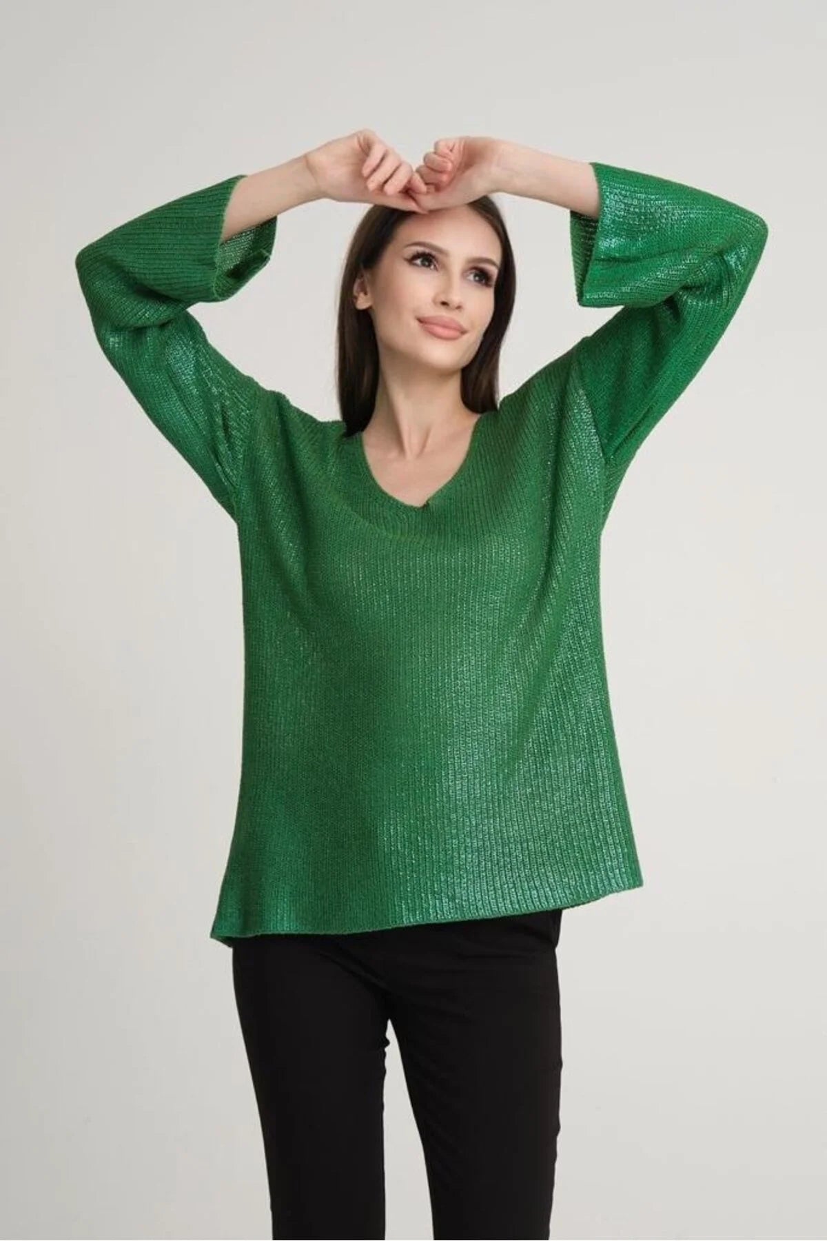 Kadın Triko Kazak Varak Kaplama Yeni Yıl Işıltılı V Yaka Parlak Uzun Kazak 3387