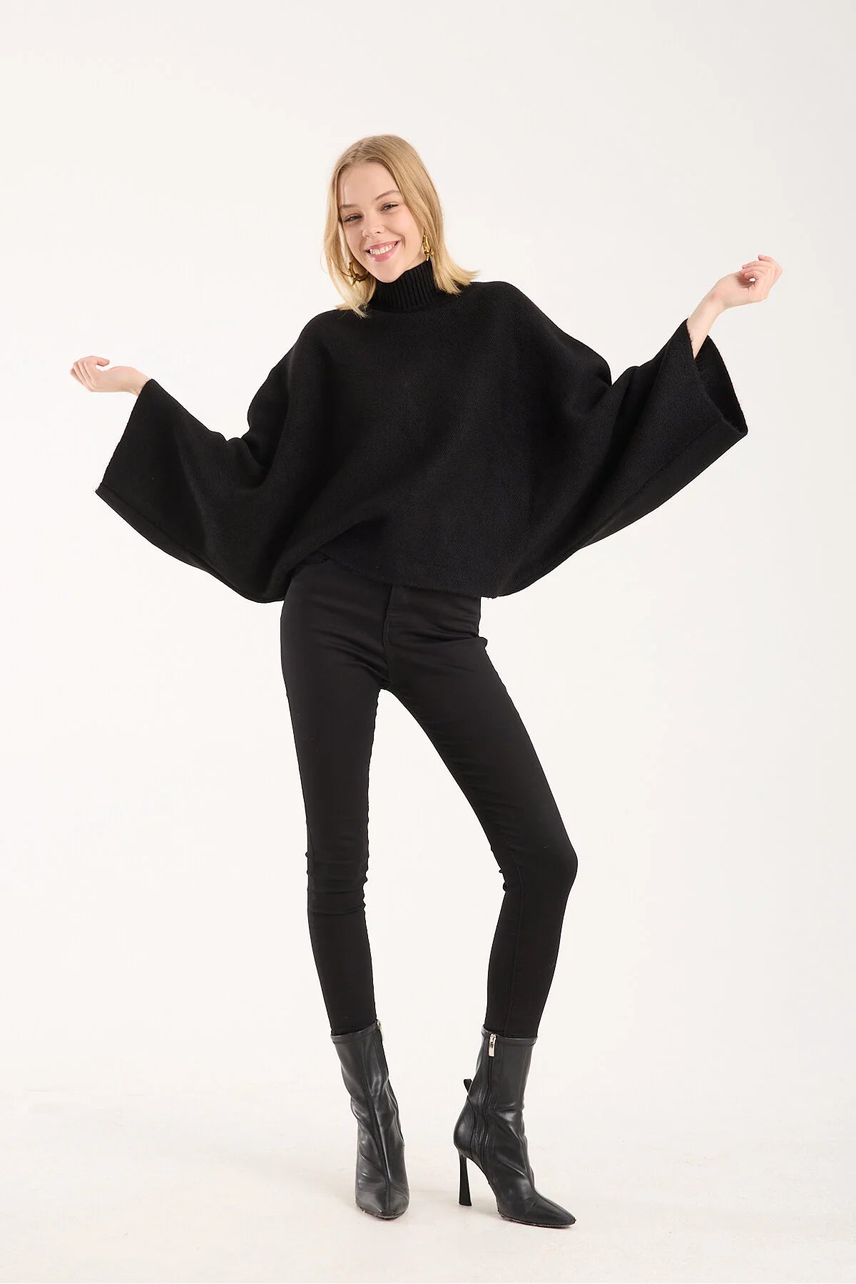 Yumoş ip pelerin dik yaka yarasa kol kadın kazak 6514