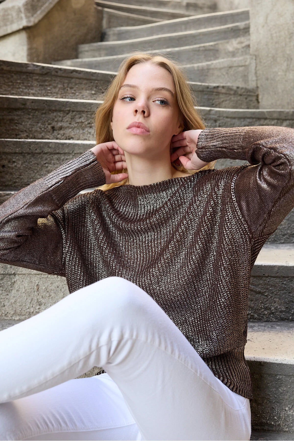 Kadın kazak parlak varak baskı ışıltılı triko Uzunkol şık kazak 3523