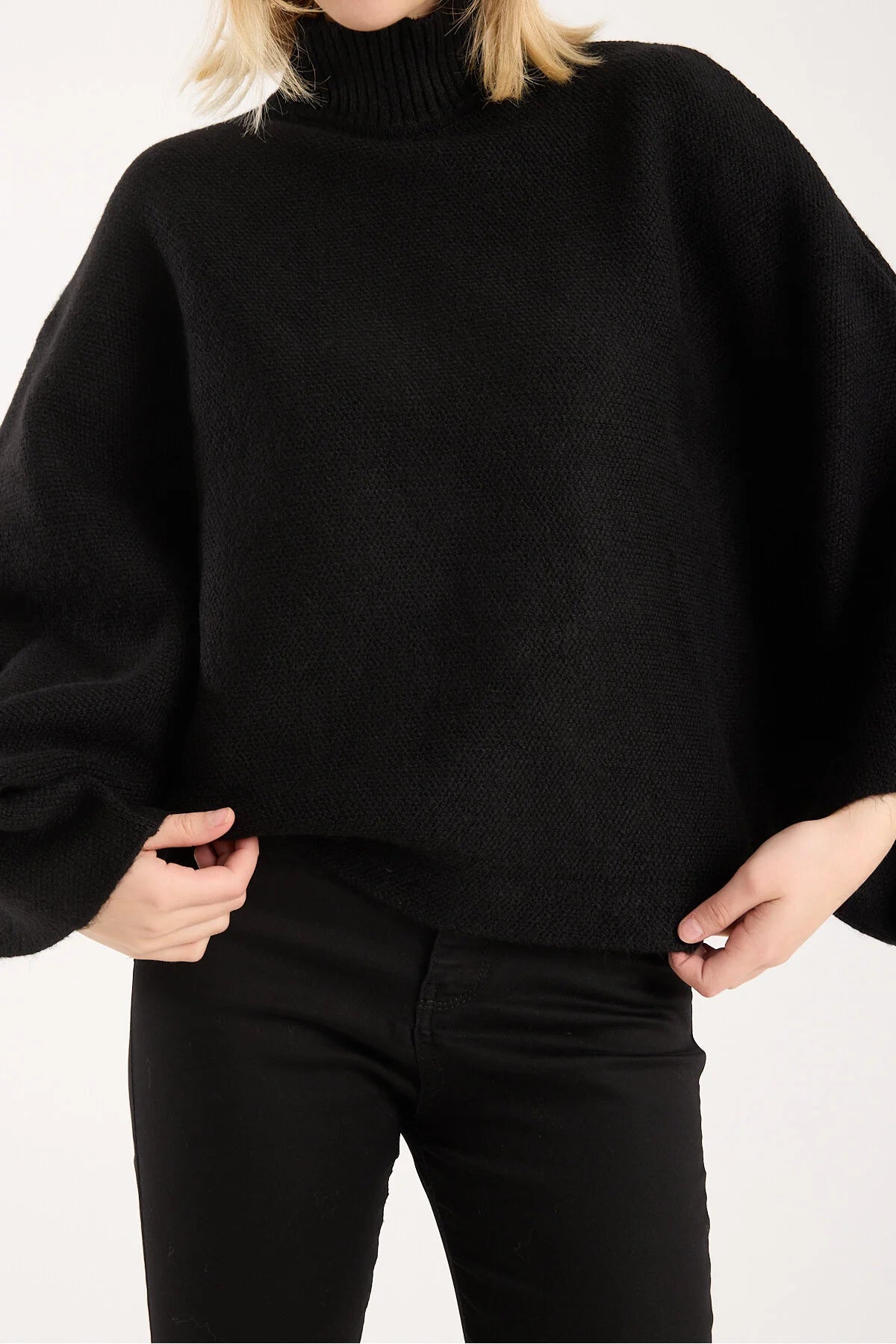 Yumoş ip pelerin dik yaka yarasa kol kadın kazak 6514