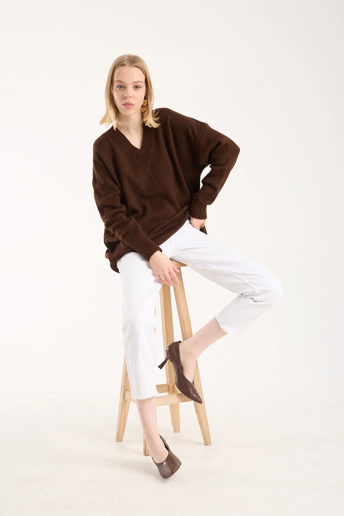 Yumoş ip oversize kadın kazak geniş yaka 6515