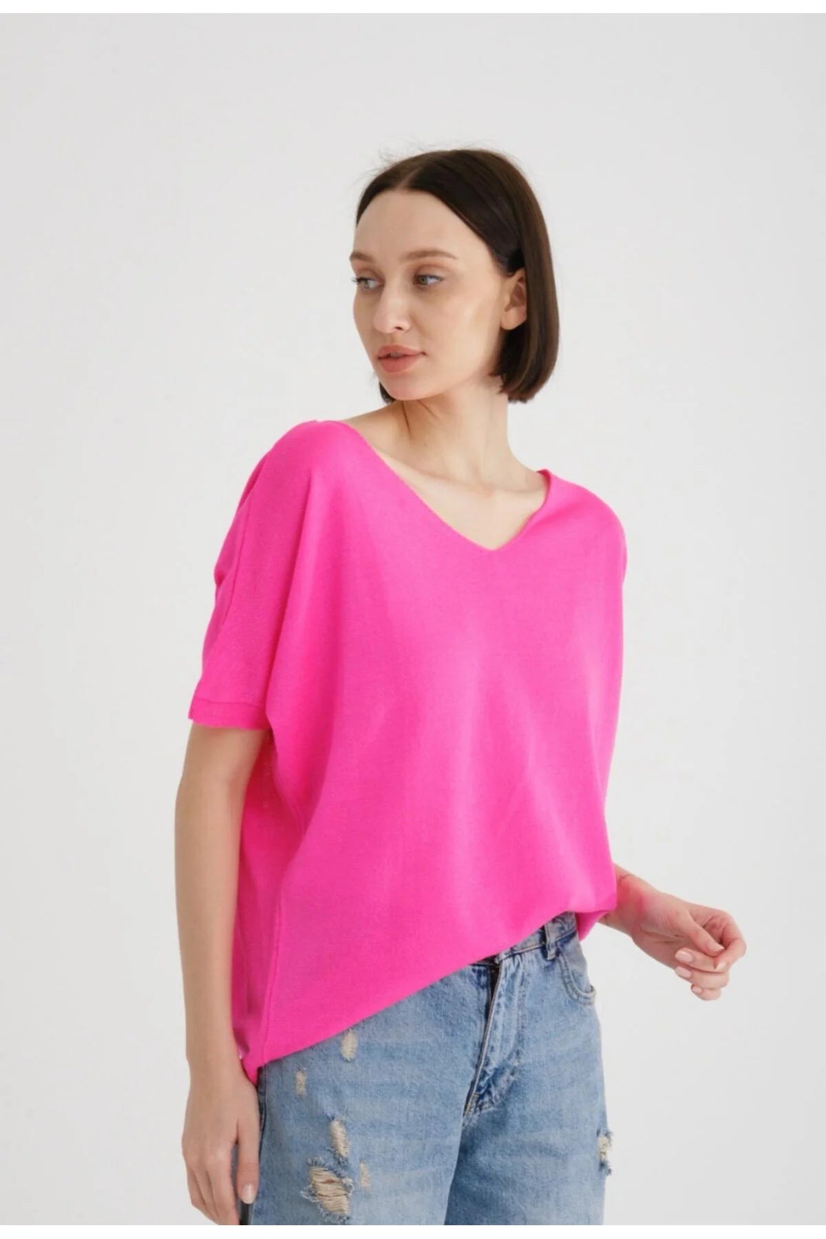 Kadın Triko Kazak Merserize V Yaka Basic Yumuşak Dokulu Rahat Kesim Ofis Stili 3347