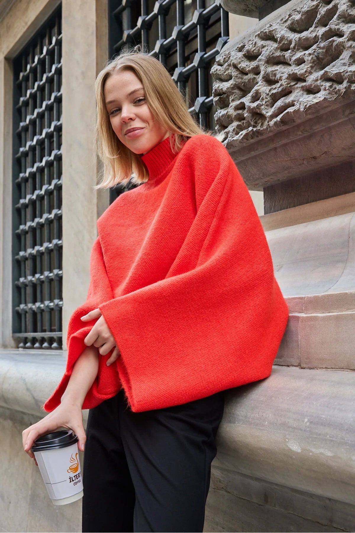 Yumoş ip pelerin dik yaka yarasa kol kadın kazak 6514