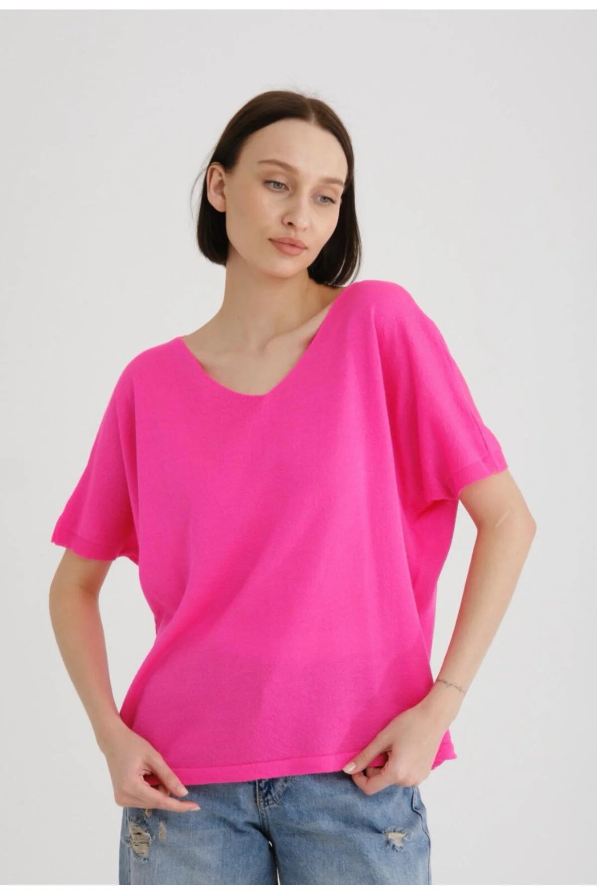 Kadın Triko Kazak Merserize V Yaka Basic Yumuşak Dokulu Rahat Kesim Ofis Stili 3347