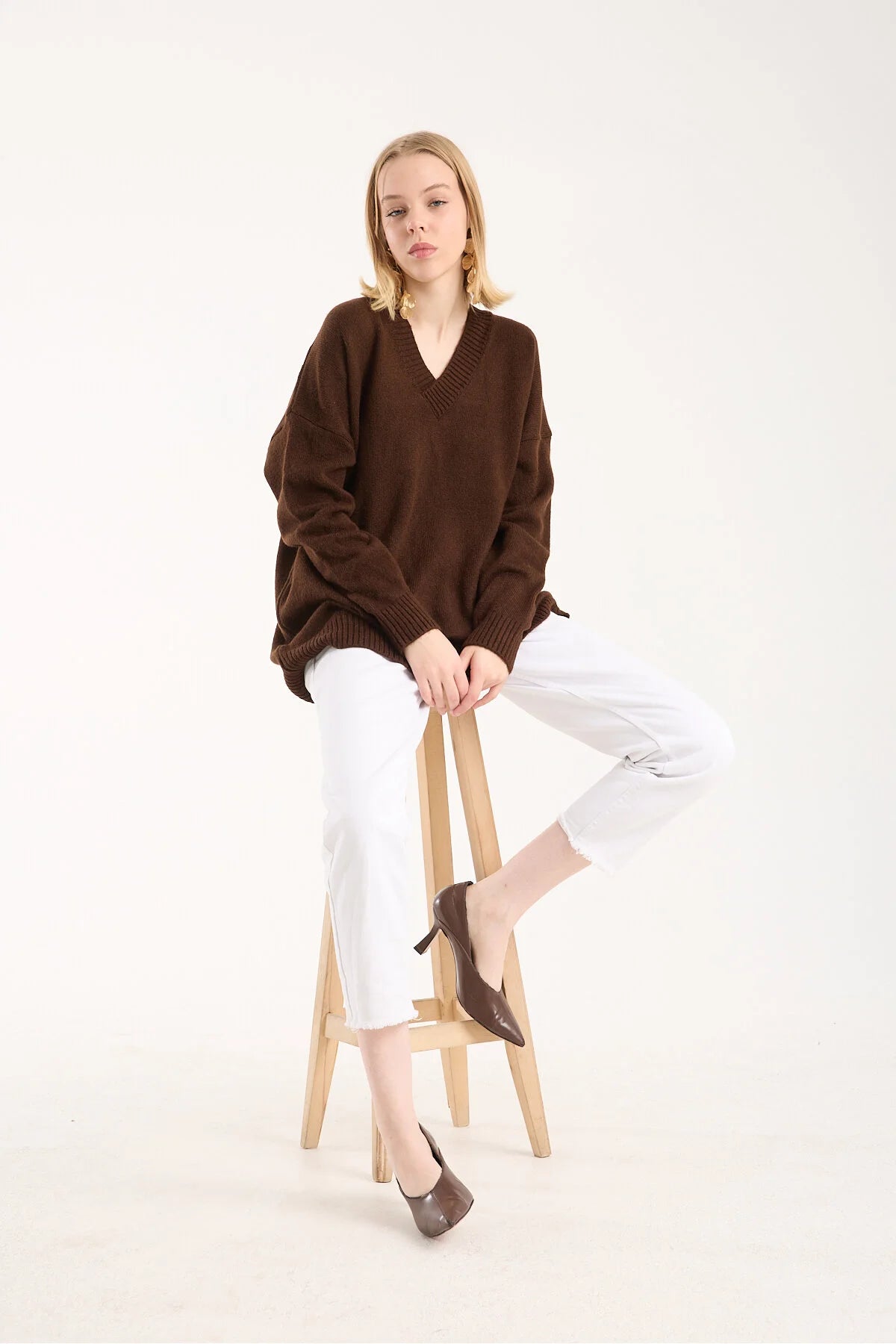 Yumoş ip oversize kadın kazak geniş yaka 6515