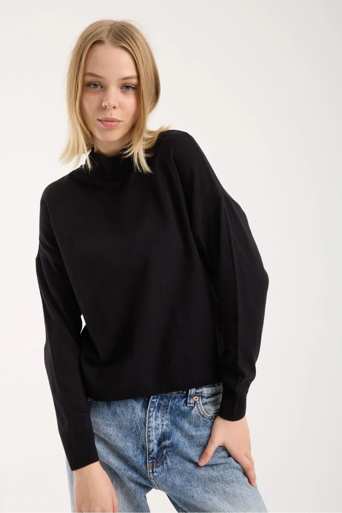 Kadın triko kazak yumuşak doku dik yaka basic 3522